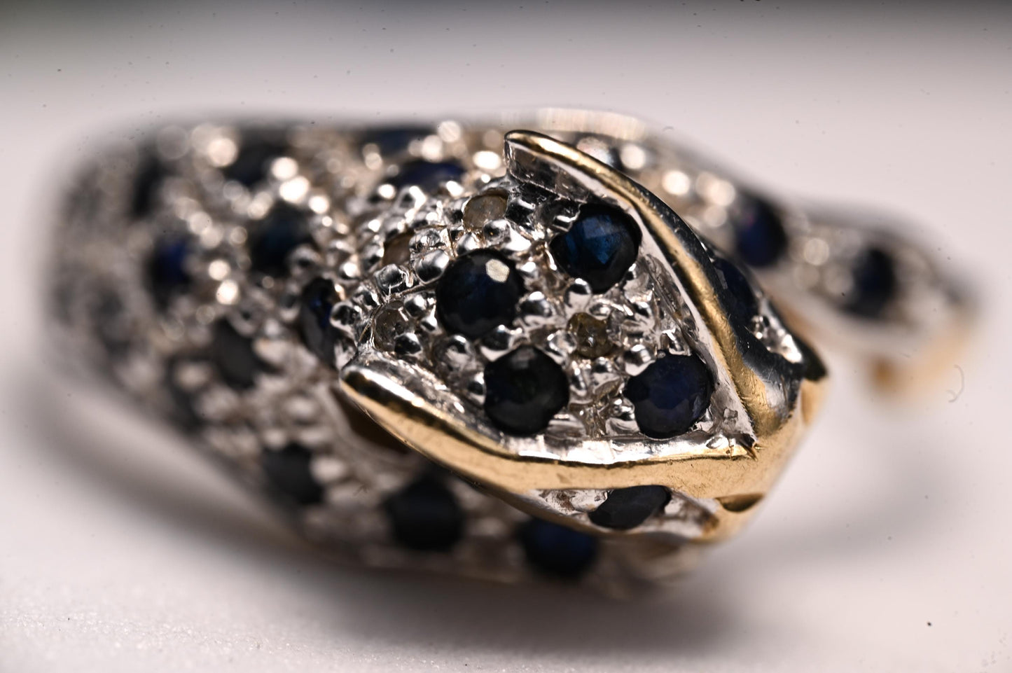 Vintage Panther Sapphire & Diamond Ring, 9ct White Yellow Gold Fancy Jewellery, Spotted Panther Unusual Ring, Statement Animal Jewelry 9K