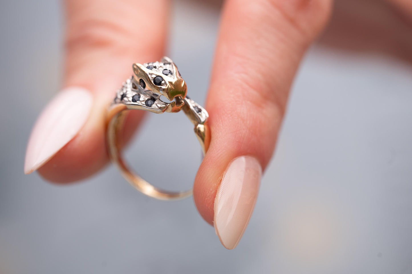Vintage Panther Sapphire & Diamond Ring, 9ct White Yellow Gold Fancy Jewellery, Spotted Panther Unusual Ring, Statement Animal Jewelry 9K