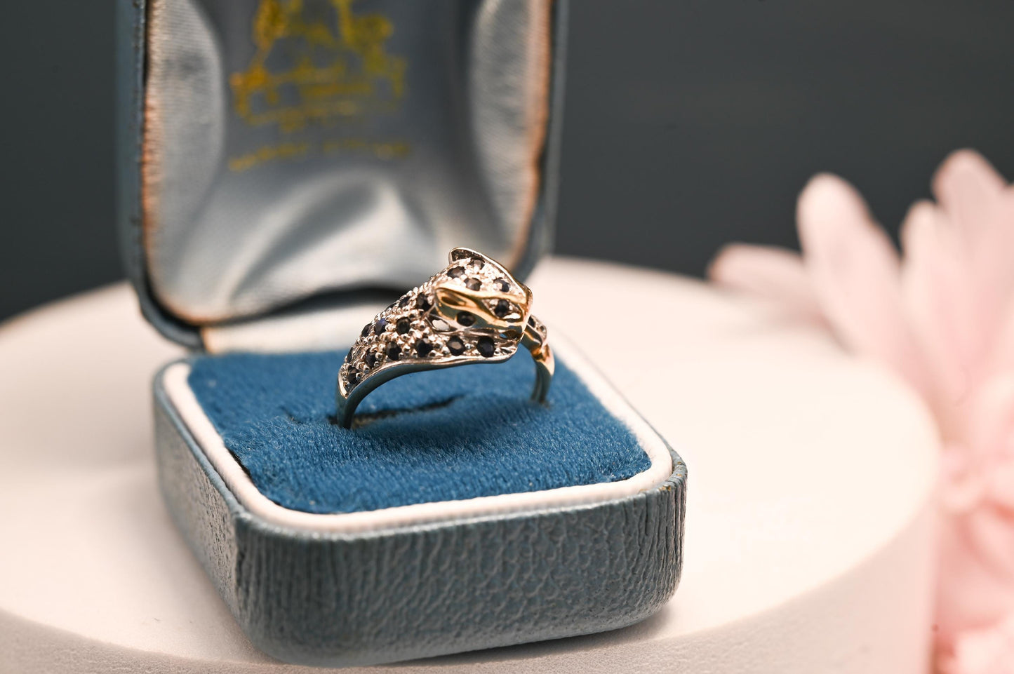 Vintage Panther Sapphire & Diamond Ring, 9ct White Yellow Gold Fancy Jewellery, Spotted Panther Unusual Ring, Statement Animal Jewelry 9K