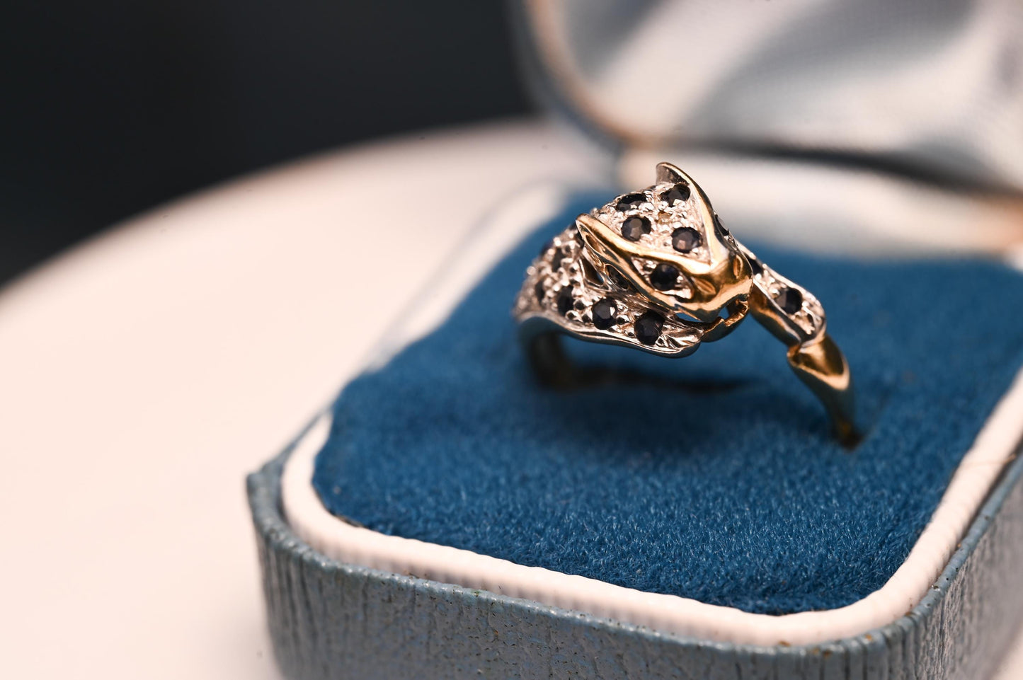 Vintage Panther Sapphire & Diamond Ring, 9ct White Yellow Gold Fancy Jewellery, Spotted Panther Unusual Ring, Statement Animal Jewelry 9K