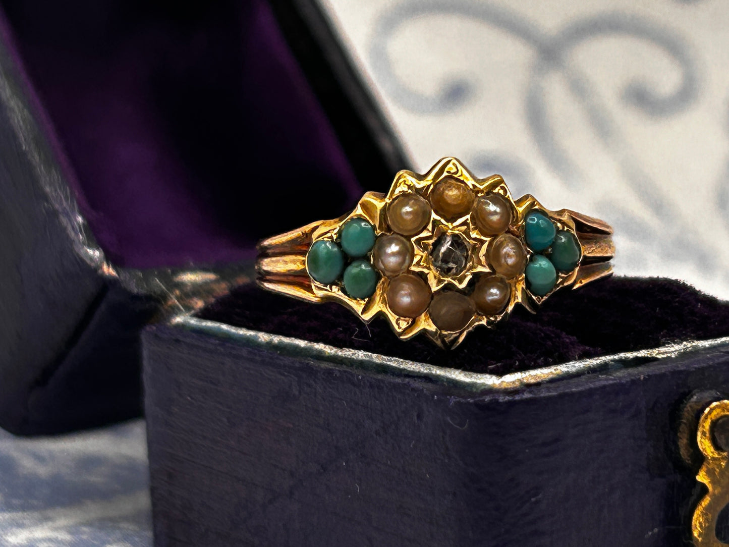 Antique - Rare Victorian 15ct Gold Turquoise and Seed Pearl Rose Cut Diamond Dainty Star Ring