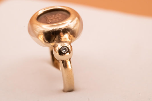 side detail- diamond shoulders- vintage- Clogau gold-vintage-9ct yellow and rose gold- signet ring.