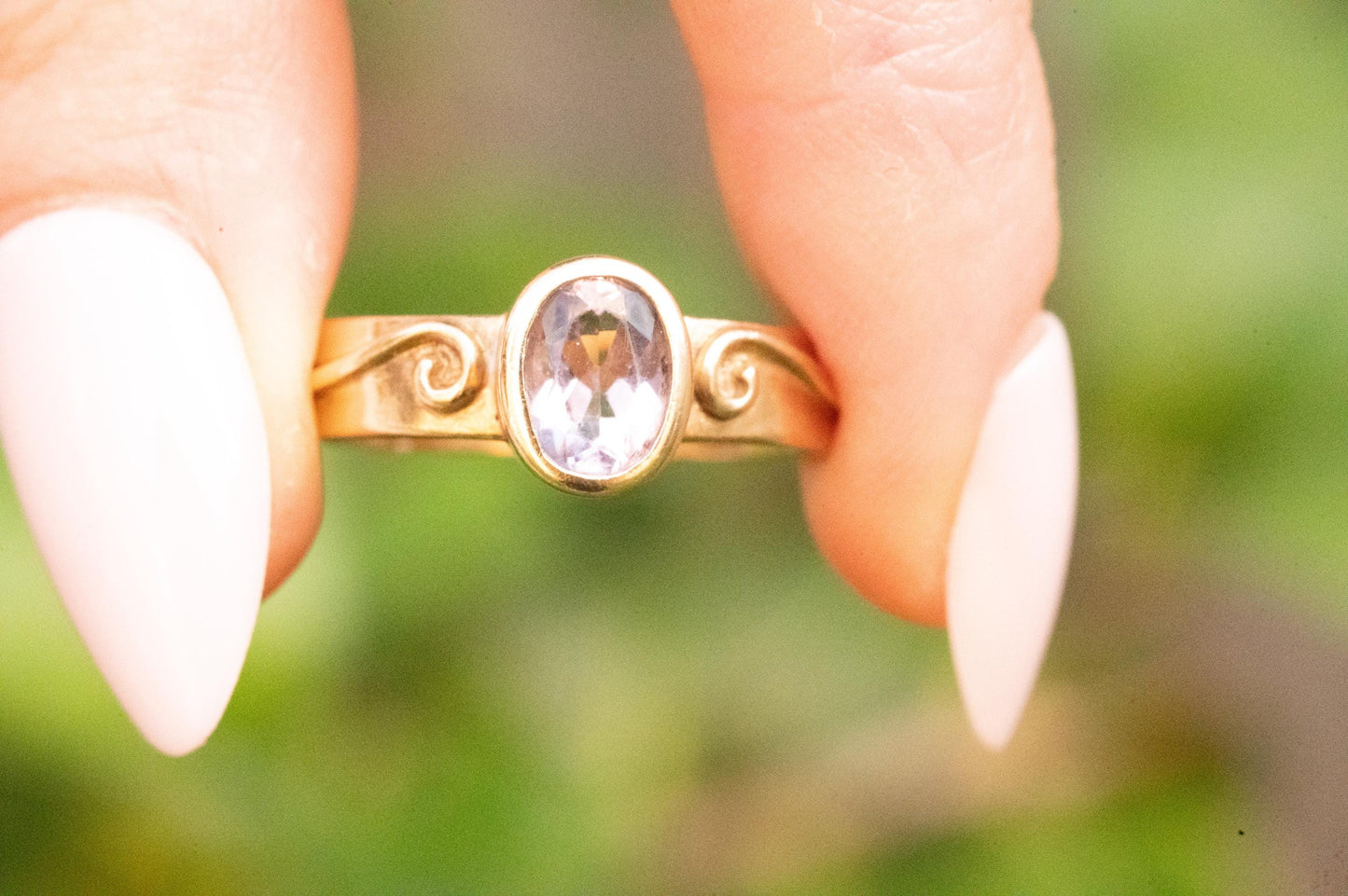 stunning-Clogau-vintage-Rose De France amethyst- 9ct gold ladies ring - Celtic artisan design - swirl panelling - large centre amethyst stone- real gem- February birthstone - bridal jewellery - Celtic design -rare Welsh gold.