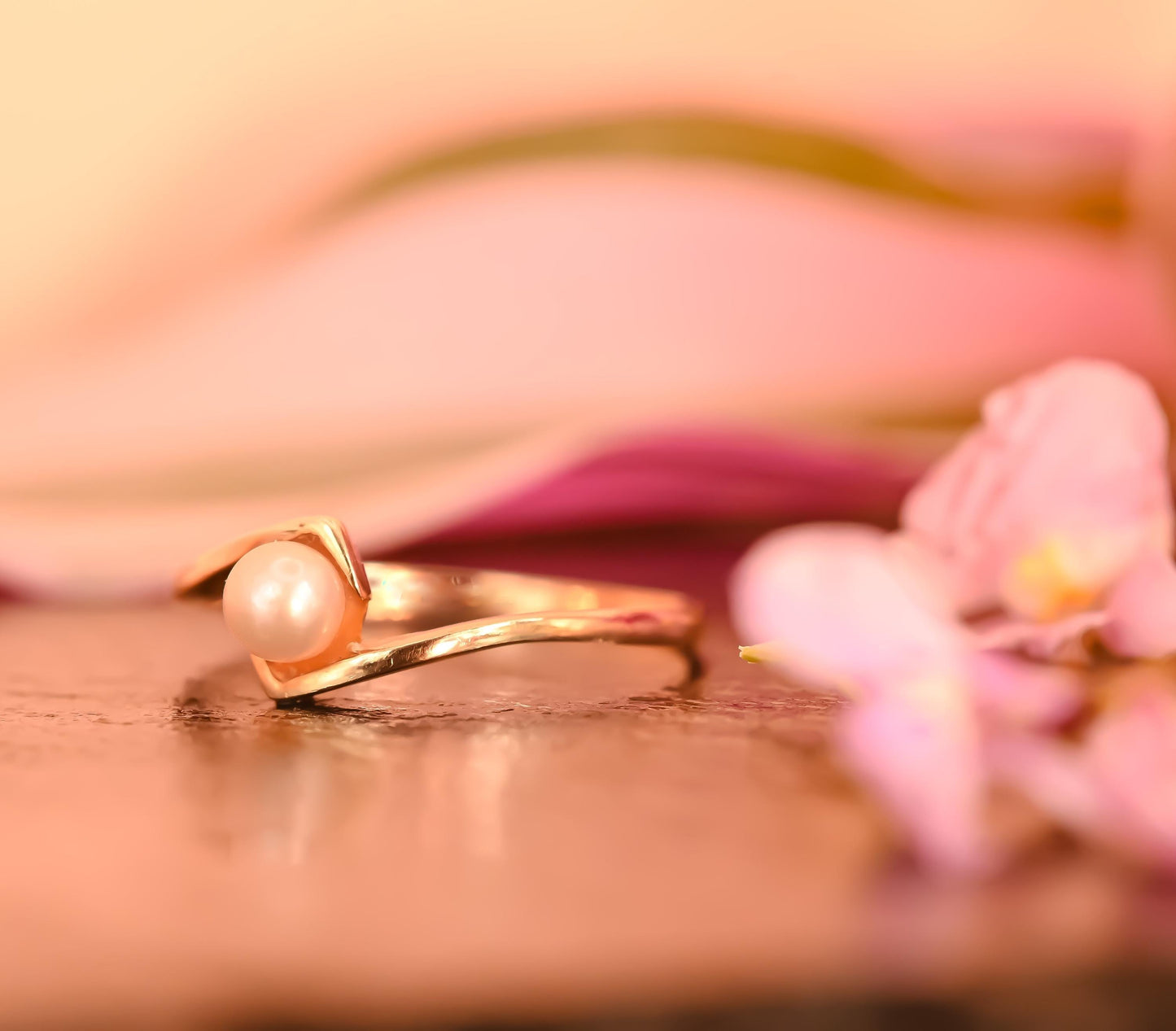 pearl ring facing down on side - pretty 9ct gold ring, stacking ring, dainty ring, gift for her.
