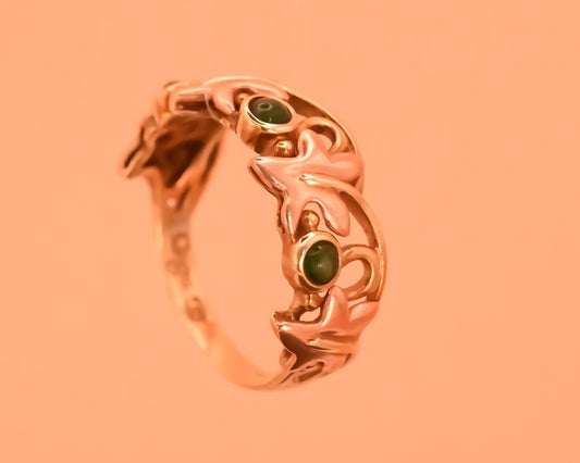 front-view- Beautiful- Vintage- Clogau- 9ct Yellow and Rose Gold- Lady-of-Caerphilly- Leaf Emerald- Ring-floral pattern- with small green emeralds - rare - Welsh gold - collectible - limited edition.