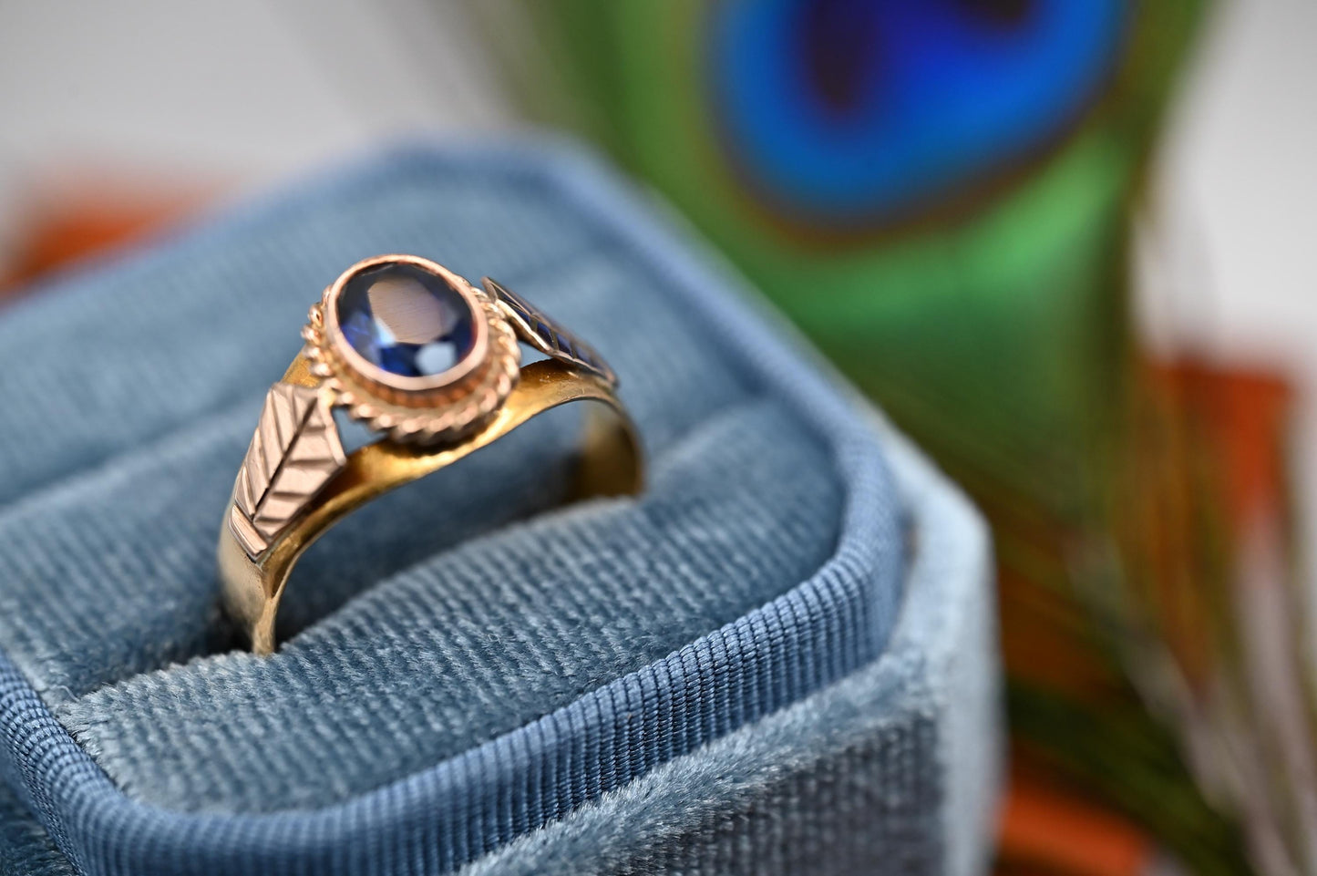 antique ring with natural sapphire large stone solitaire with rose and yellow 22ct solid gold