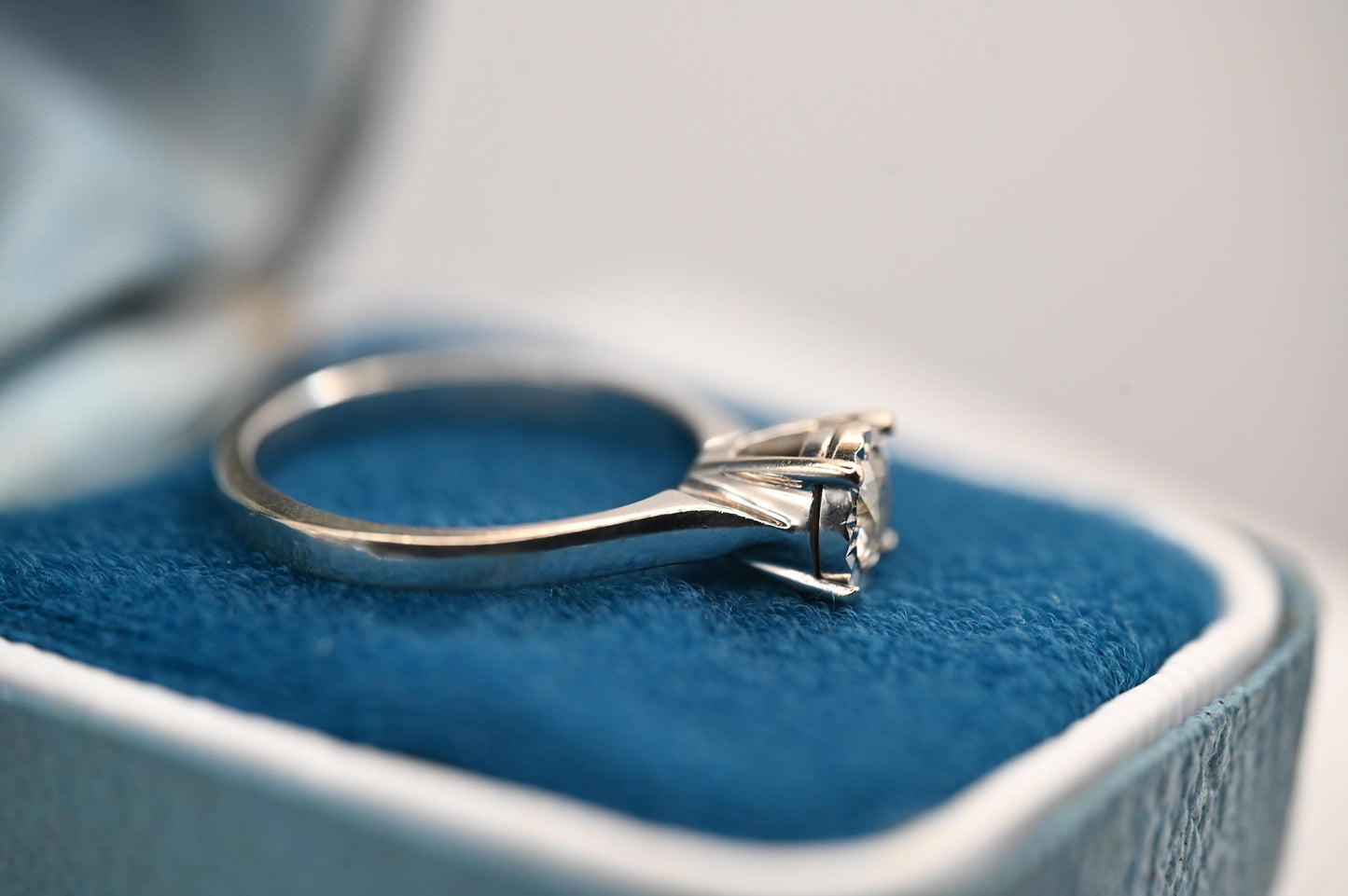 This vintage item maintains its beautiful white gold appearance with minimal wear. The diamond is still beautiful and sparkling making this a very rare find from the 70s.