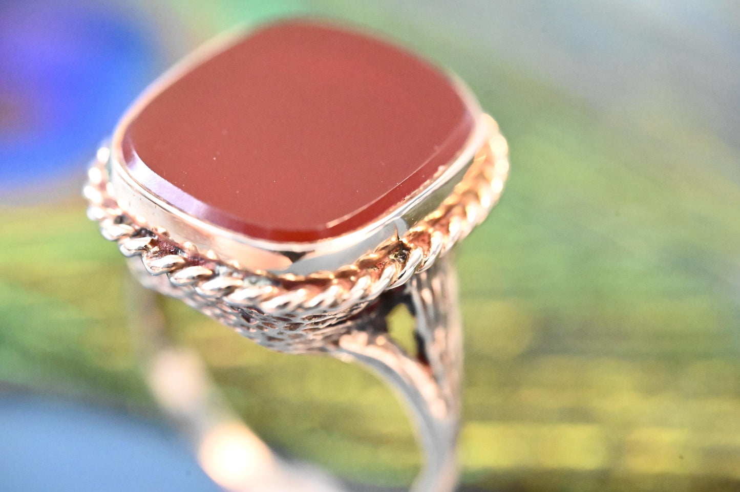 Unusual English Vintage Carnelian 9ct solid gold Statement Ring 1970s - heirloom ring