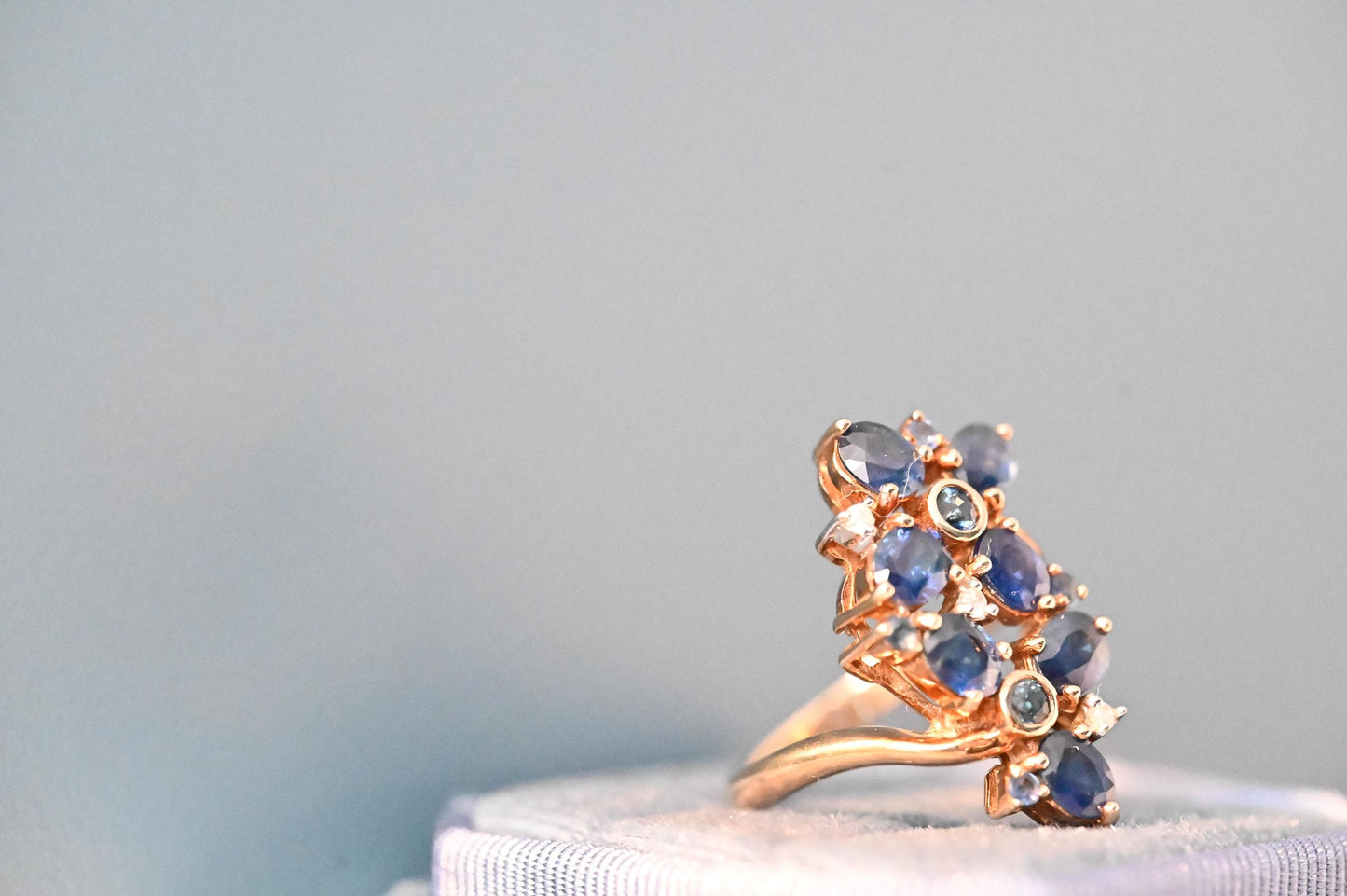 beautiful vintage ring, sapphires sparkle against the yellow gold making this look very glamorous and a perfect statement ring