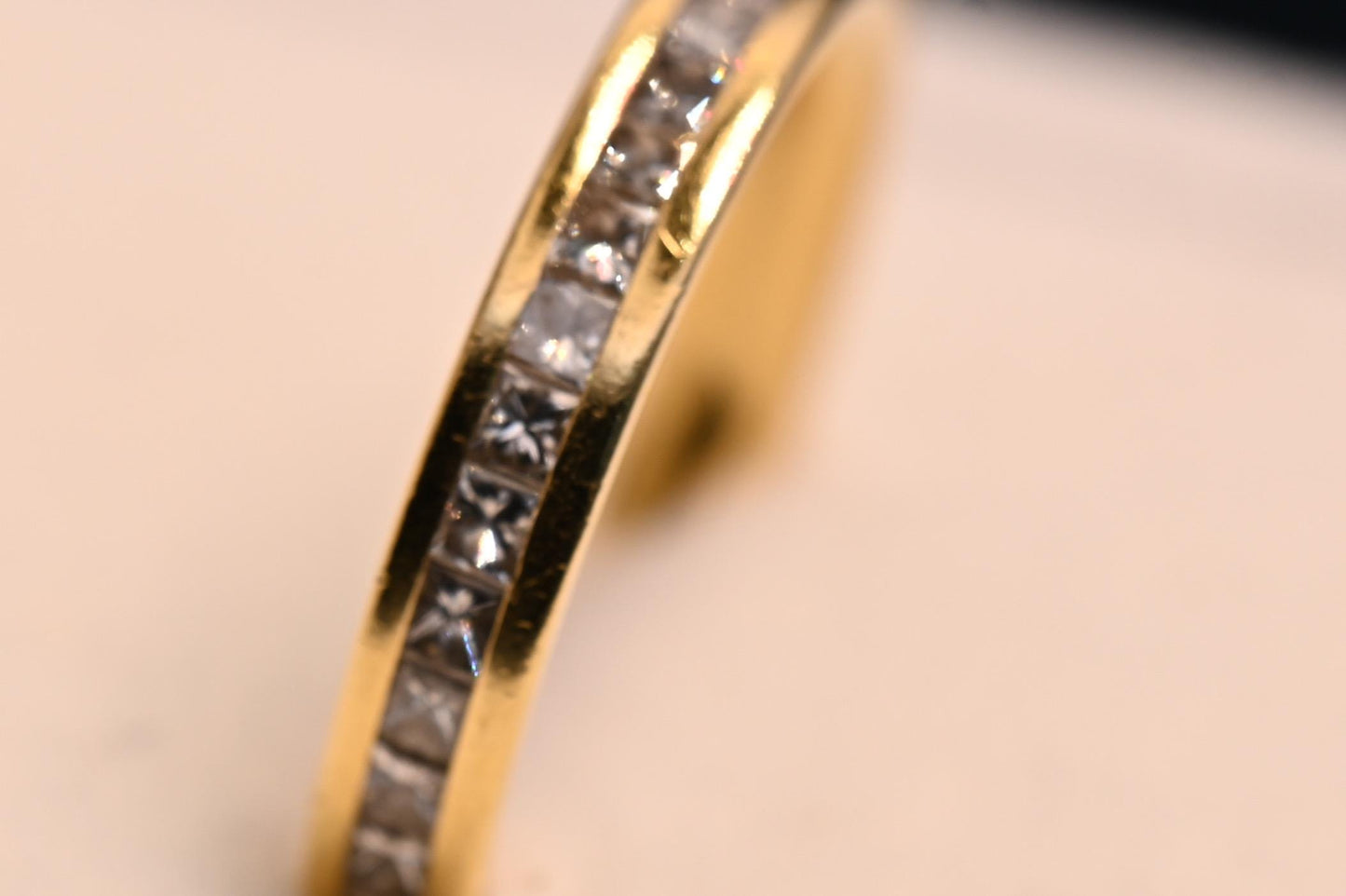 rare find- Renowned Fine Bridal Jewellery by Domino England Full Band Eternity with Princess Cut Brilliant Diamonds with 1.225 ct made with lush 18ct yellow gold - a perfect sophisticated diamond ring pave channel row