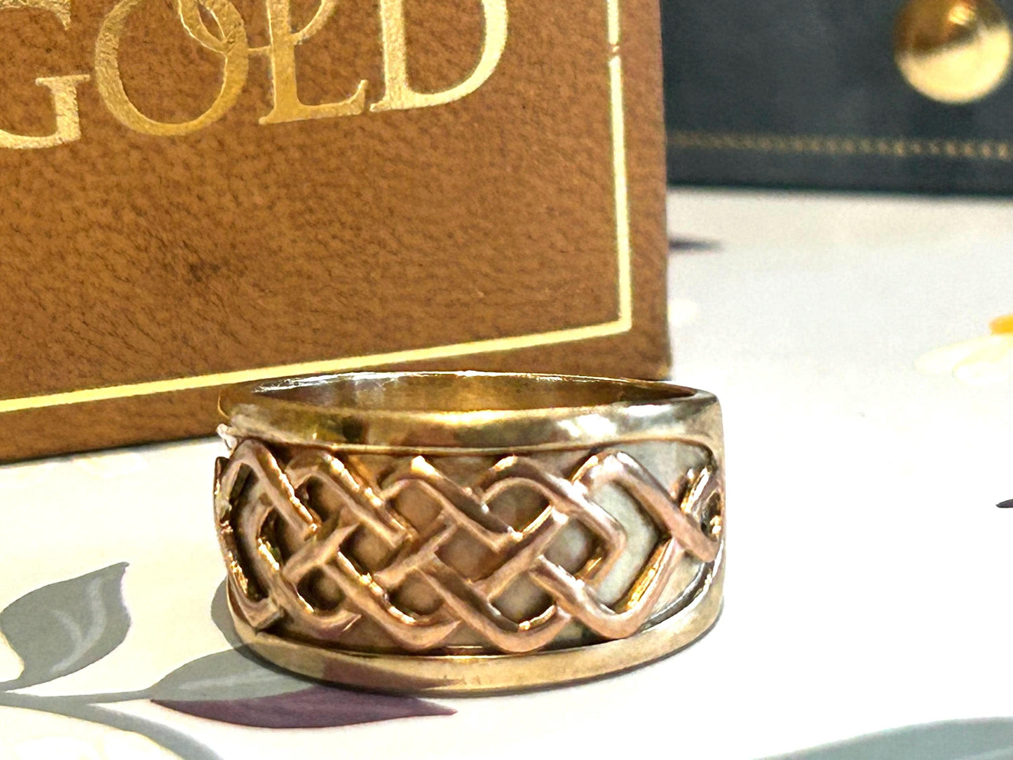 Vintage Real Clogau - Rare Welsh Gold 9ct Yellow and rose gold 12mm Guinevere Limited Edition Ring Celtic Bands Mens- heirloom jewellery