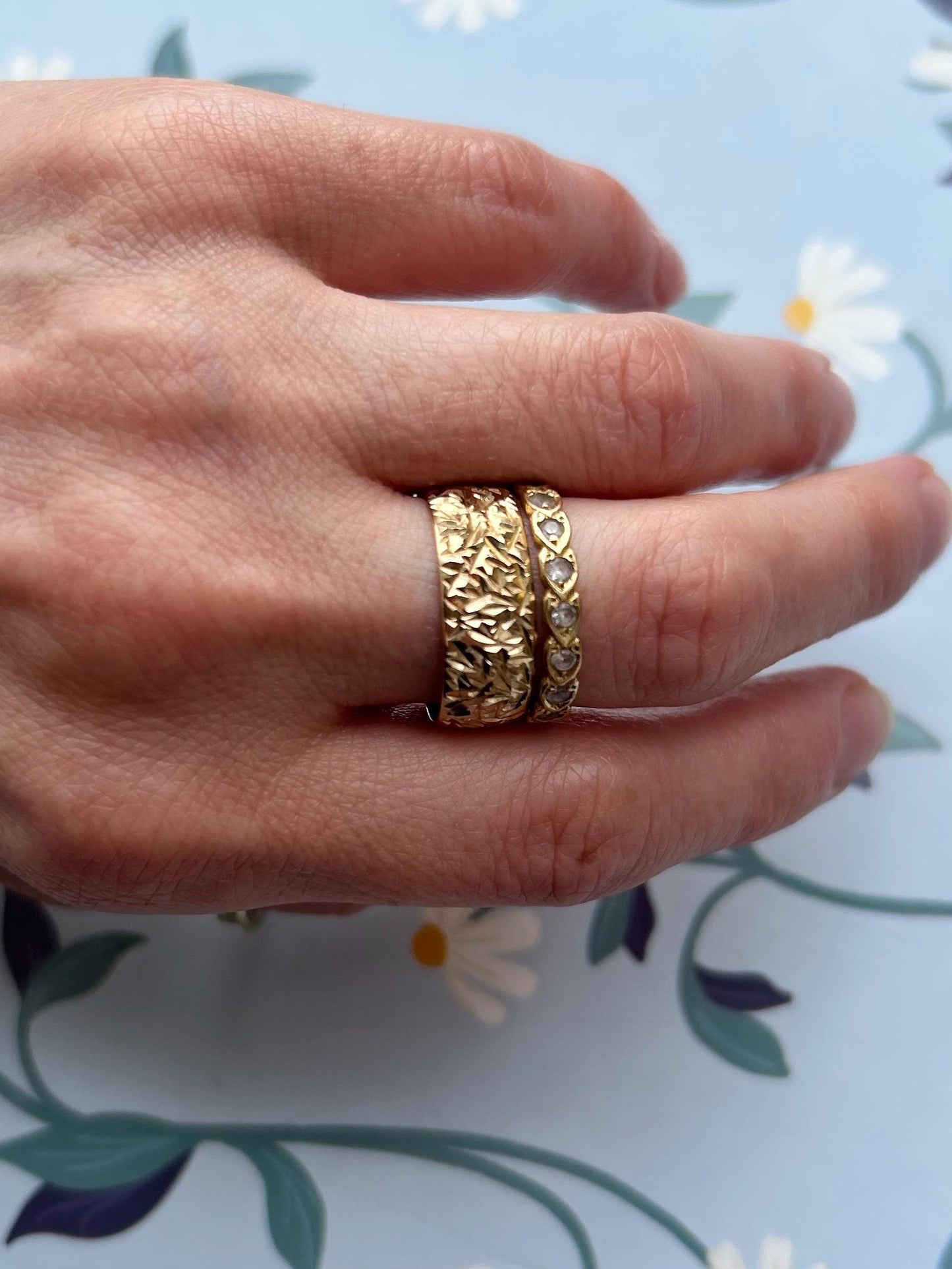 Vintage Diamond Cut 9ct Yellow Gold Wedding Band - UK Size O / US 7.5, Unusual design wide band, Eye-Catching Statement jewellery England.