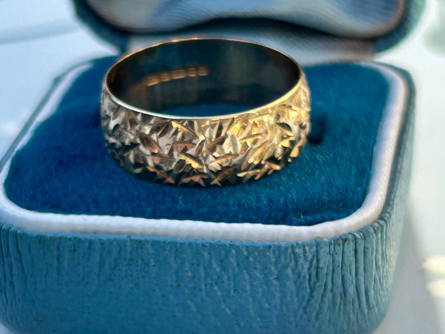Vintage Diamond Cut 9ct Yellow Gold Wedding Band - UK Size O / US 7.5, Unusual design wide band, Eye-Catching Statement jewellery England.