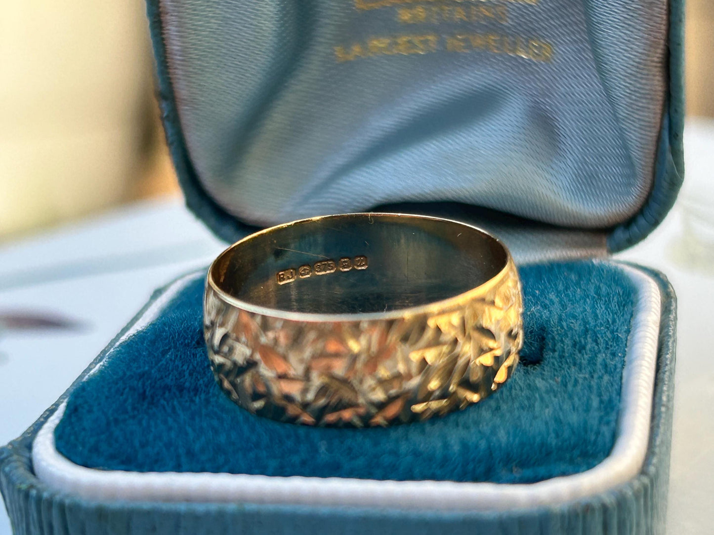 Vintage Diamond Cut 9ct Yellow Gold Wedding Band - UK Size O / US 7.5, Unusual design wide band, Eye-Catching Statement jewellery England.