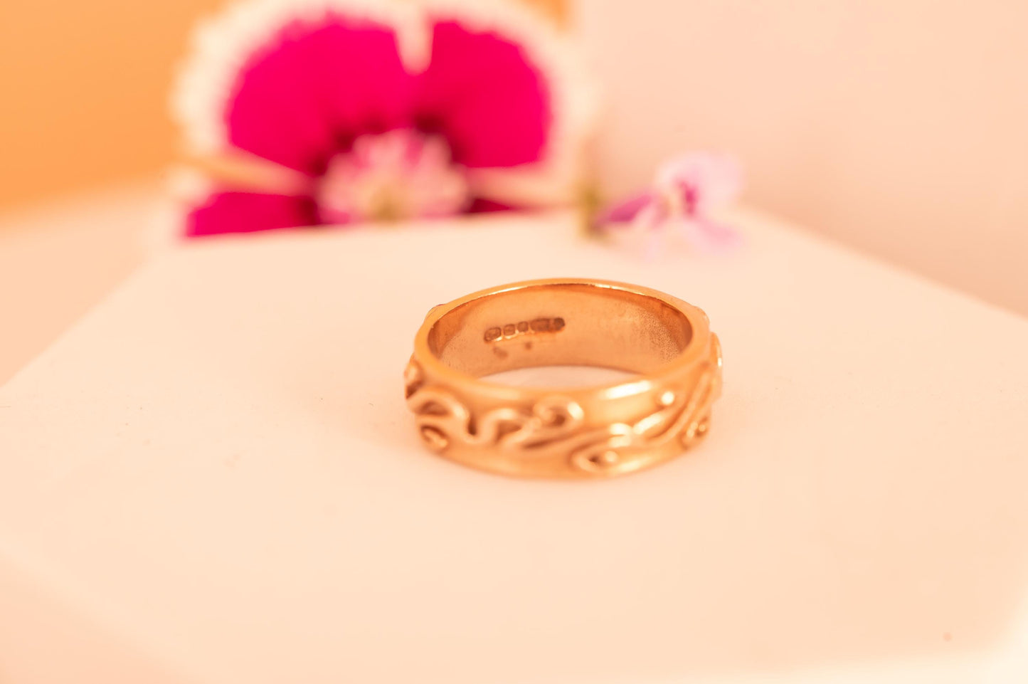 lovely ring Celt Celtic rare Welsh gold bright in colour rose gold with unusual swirl pattern wrapped all the way round the band. One of a kind, a clogau original ring.