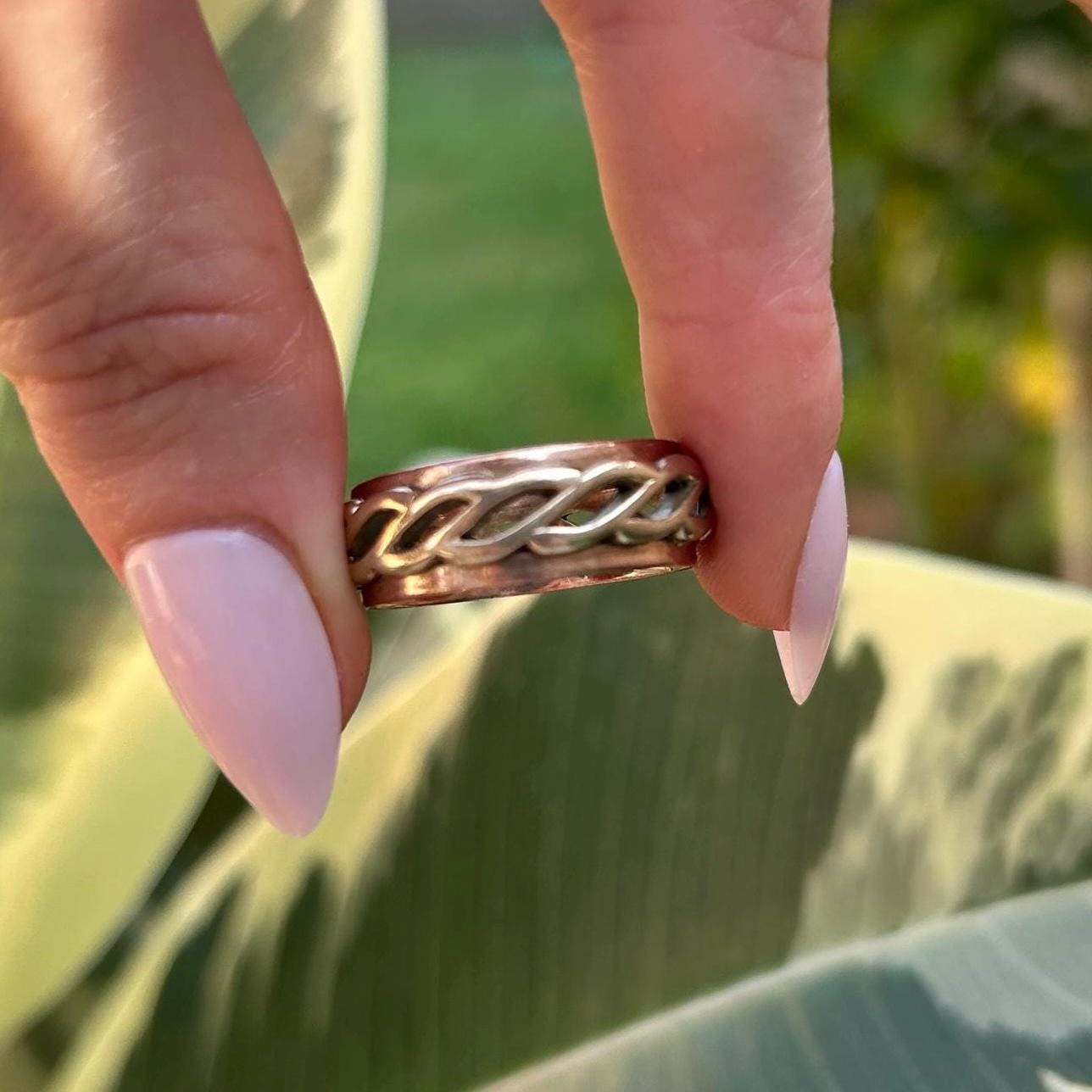 Vintage Clogau Men Celtic Weave Heavy Solid Gold Band Ring in 9ct Yellow and Rose Gold