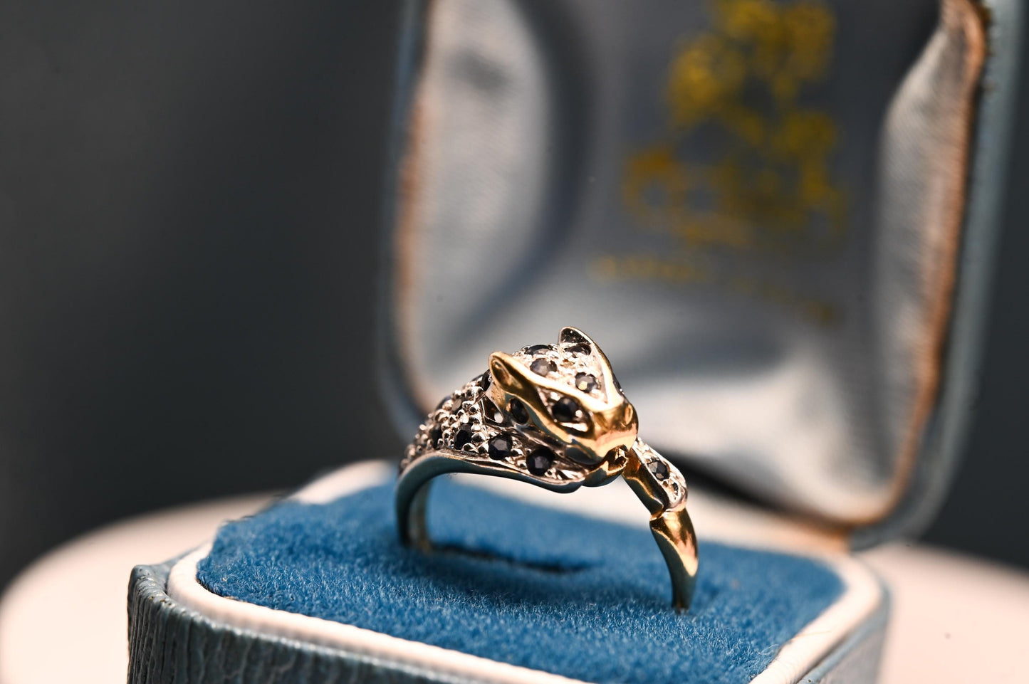 Vintage Panther Sapphire & Diamond Ring, 9ct White Yellow Gold Fancy Jewellery, Spotted Panther Unusual Ring, Statement Animal Jewelry 9K