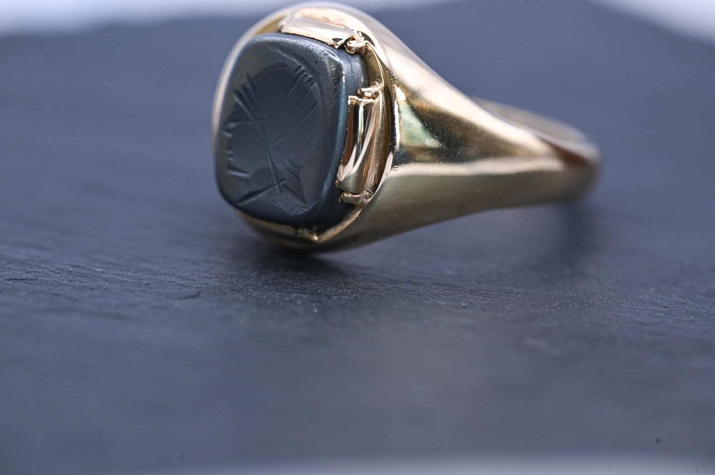 Vintage Mid-Century 1960s Ring, Mens Birmingham Rectangle Carved Hematite Signet Ring, Centurion Intaglio, Solid Gold Chunky Jewelry 9ct, 9K