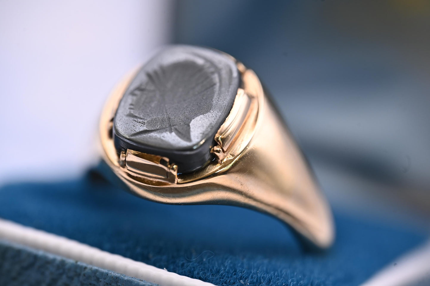Vintage Mid-Century 1960s Ring, Mens Birmingham Rectangle Carved Hematite Signet Ring, Centurion Intaglio, Solid Gold Chunky Jewelry 9ct, 9K