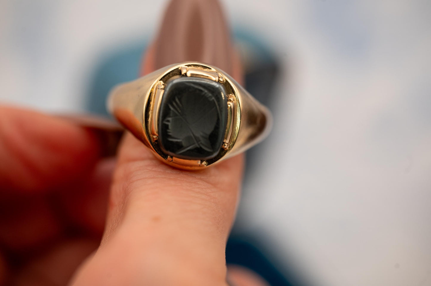 Vintage Mid-Century 1960s Ring, Mens Birmingham Rectangle Carved Hematite Signet Ring, Centurion Intaglio, Solid Gold Chunky Jewelry 9ct, 9K
