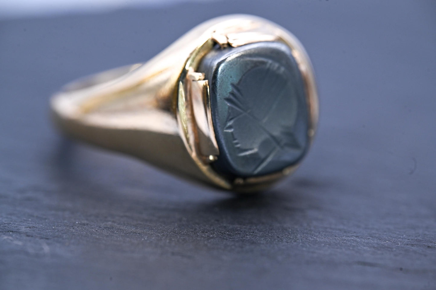 Vintage Mid-Century 1960s Ring, Mens Birmingham Rectangle Carved Hematite Signet Ring, Centurion Intaglio, Solid Gold Chunky Jewelry 9ct, 9K