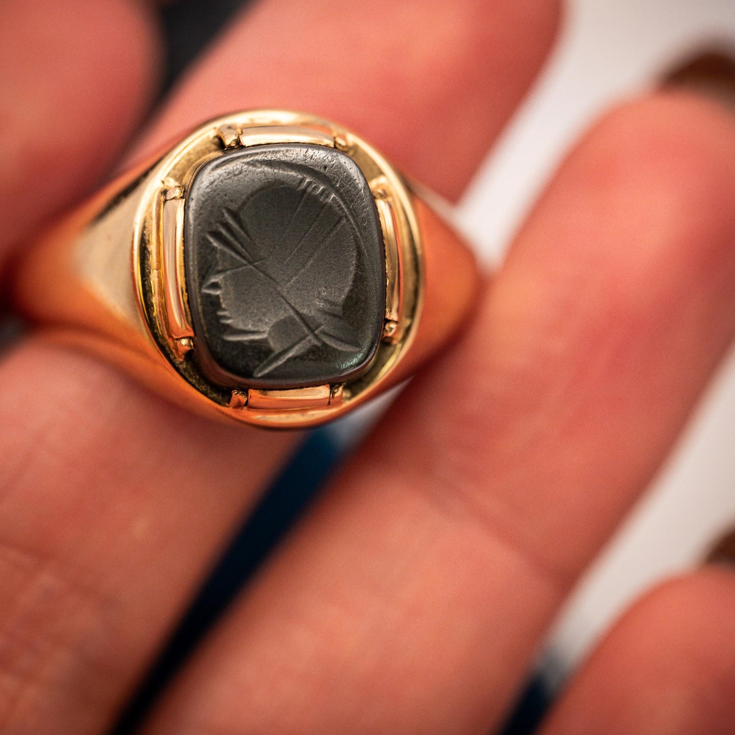 Vintage Mid-Century 1960s Ring, Mens Birmingham Rectangle Carved Hematite Signet Ring, Centurion Intaglio, Solid Gold Chunky Jewelry 9ct, 9K