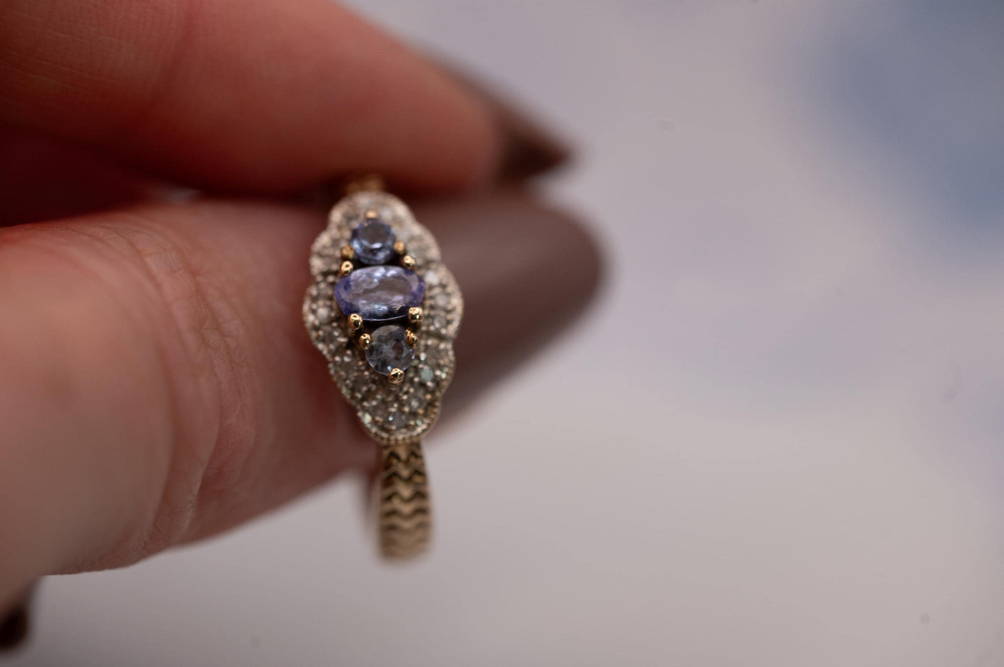 Mid-Century Unusual Tanzanite Diamond Cluster 9ct Gold Ring, Pretty Ornate Detail Jewellery, Real Diamond Fancy Ring, Unique Estate Jewelry