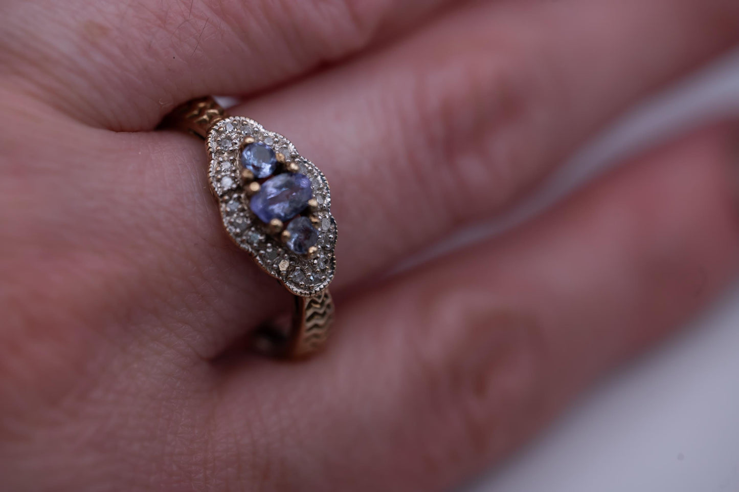 Mid-Century Unusual Tanzanite Diamond Cluster 9ct Gold Ring, Pretty Ornate Detail Jewellery, Real Diamond Fancy Ring, Unique Estate Jewelry