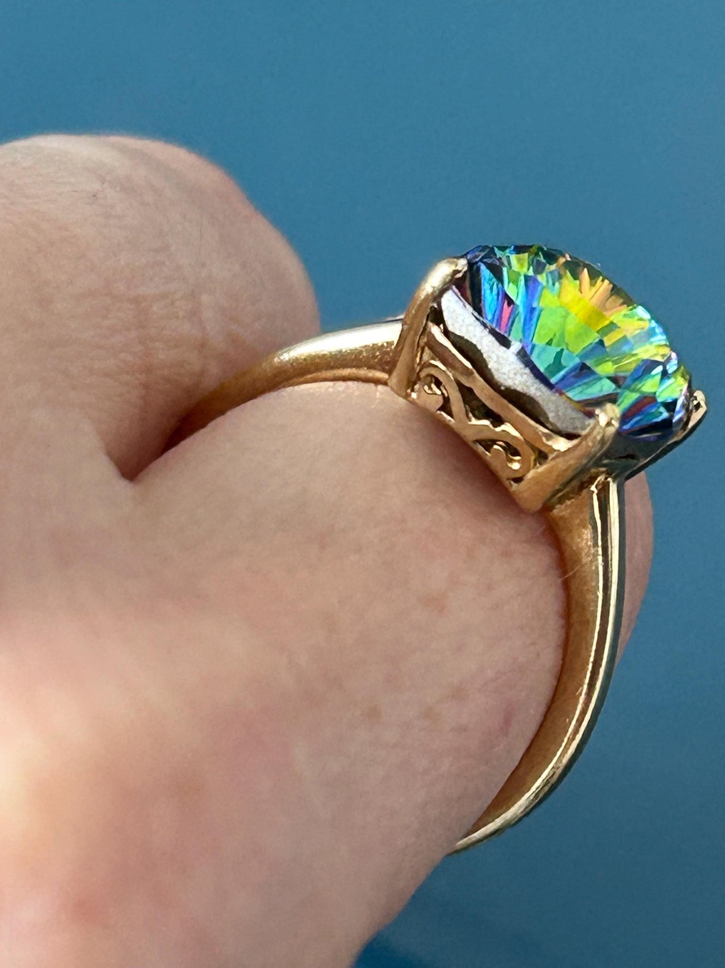 Beautiful Vintage Sterling Silver - Gold Gilded - Mystic Topaz Solitaire - Cocktail Dress Ring