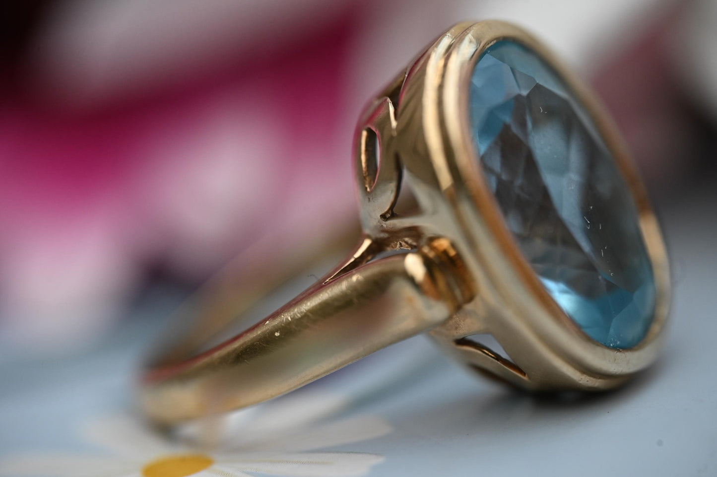Vintage 80's Dress Statement Ring Swiss Blue Topaz 9ct Yellow Gold