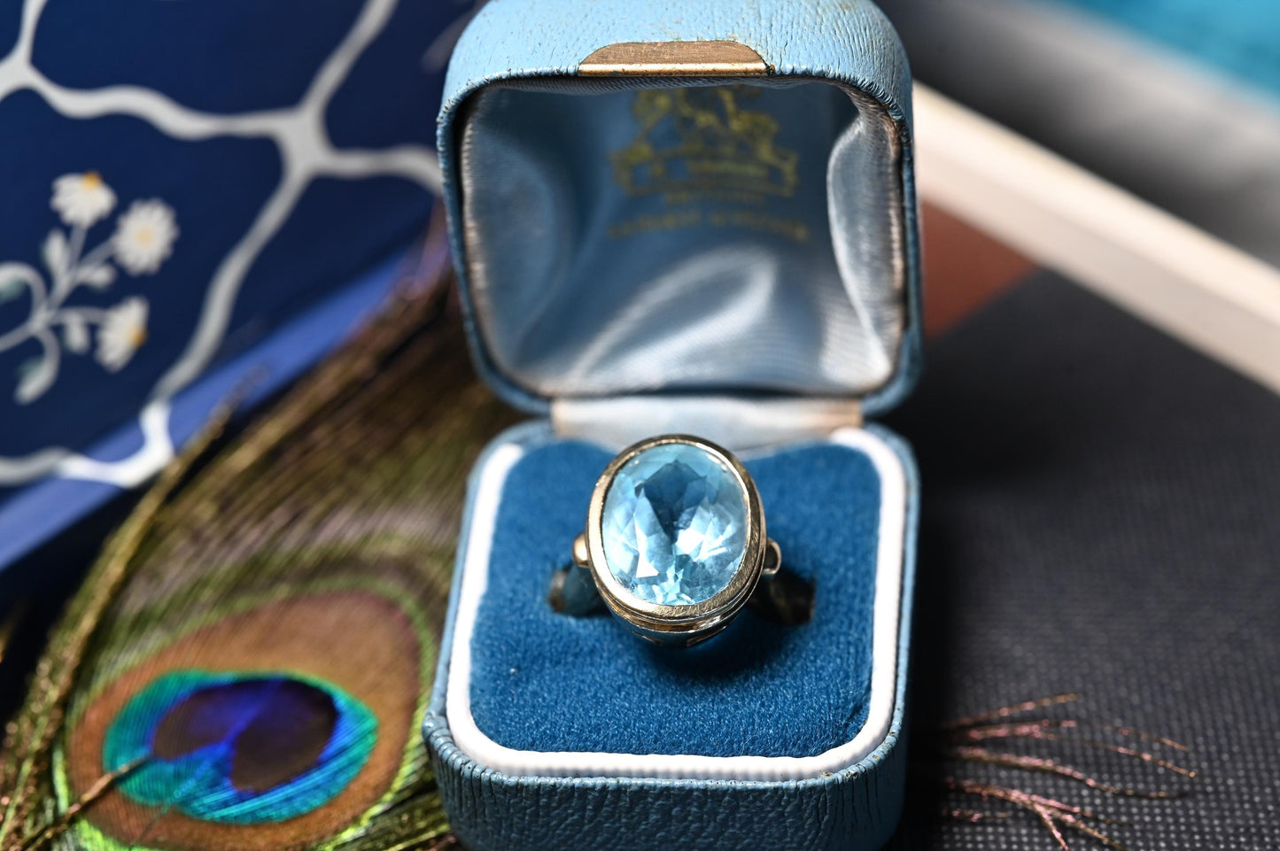 Vintage 80's Dress Statement Ring Swiss Blue Topaz 9ct Yellow Gold
