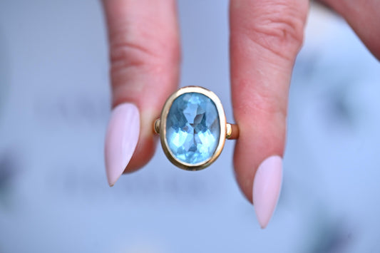 Vintage 80's Dress Statement Ring Swiss Blue Topaz 9ct Yellow Gold