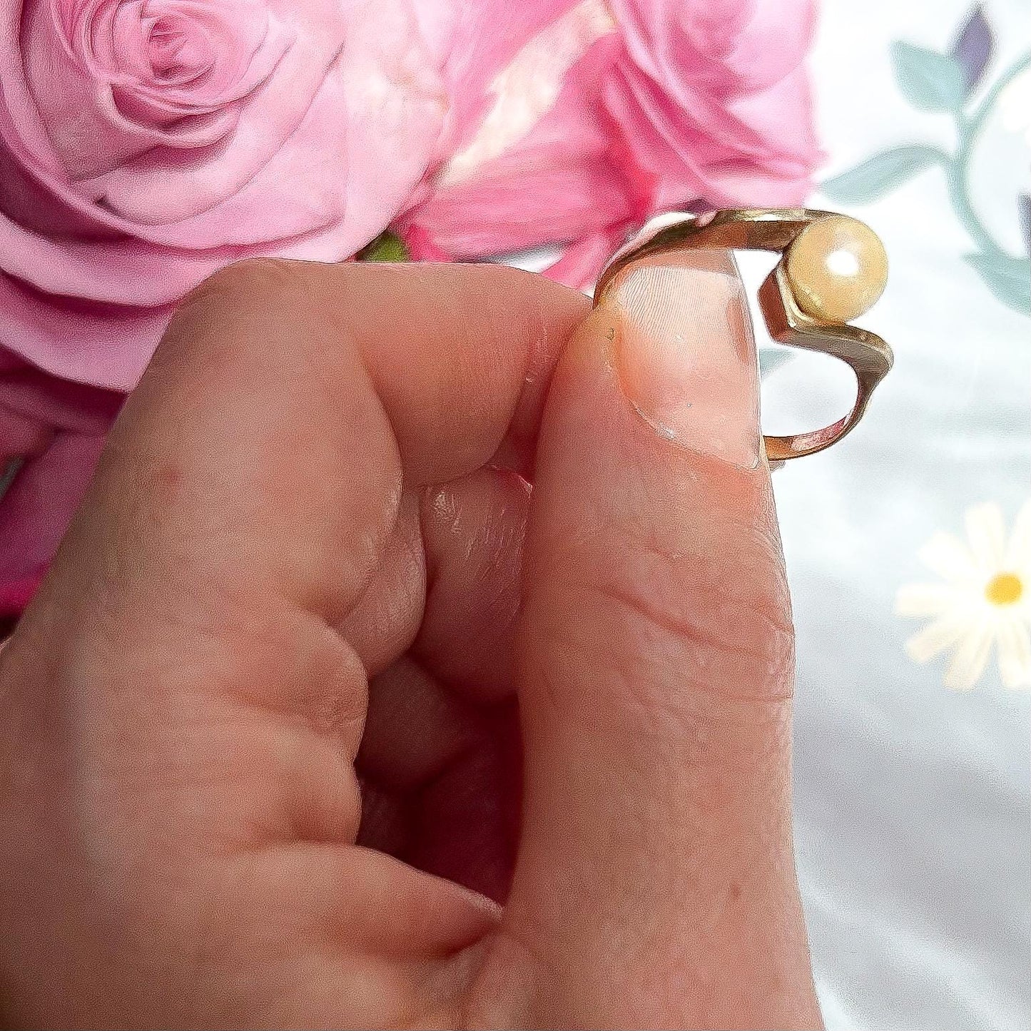 Stunning Vintage Mid-Century Natural Pearl 9ct Yellow Gold Ring size 9, English Gold Jewelry, Real Champagne Pearl Ring 9k Gold Bridal