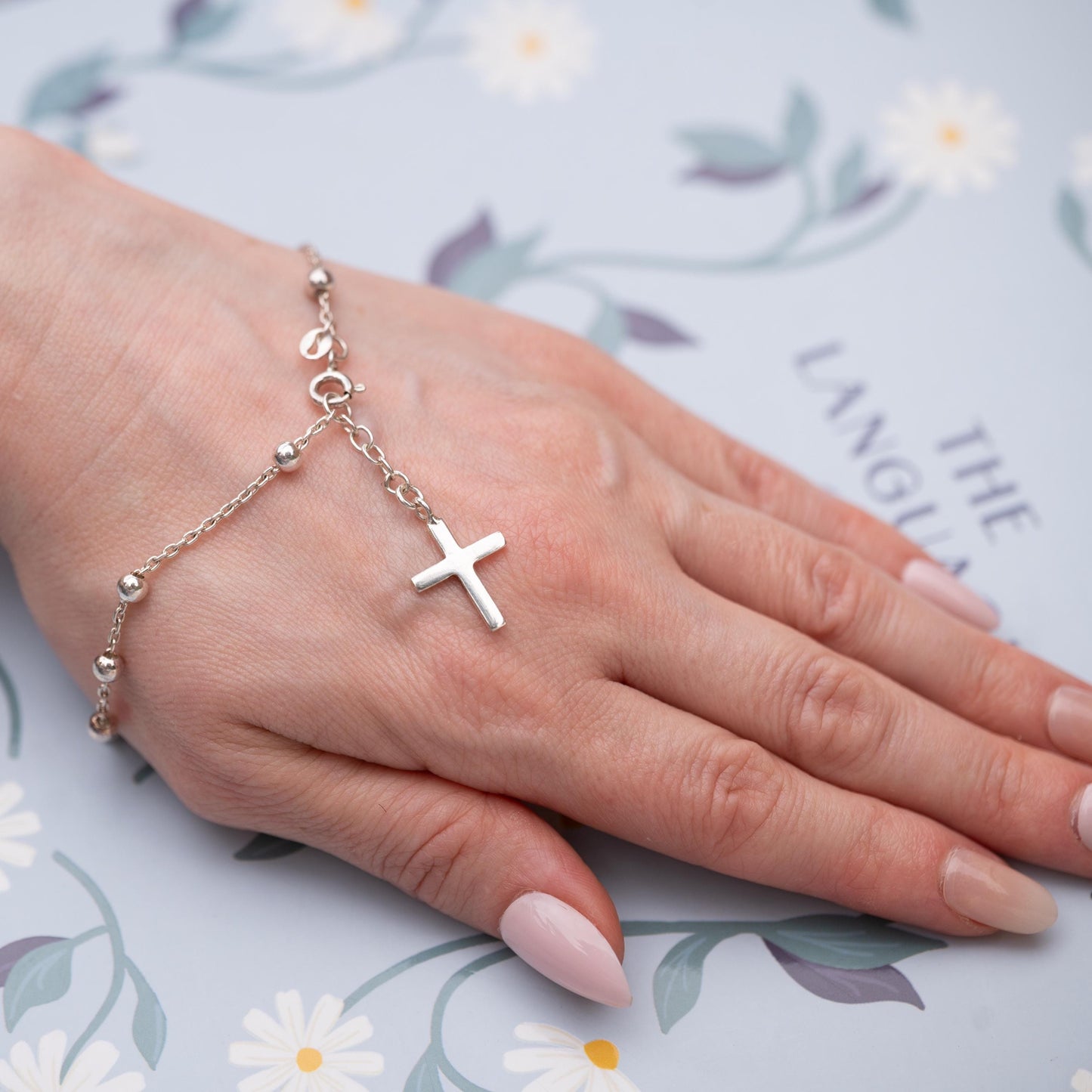 Real Silver Beaded Cross Charm Bracelet, Stunning Christian Jewellery Cross Dangle Charm, Pretty Christmas Gift Jewelry, Silver Cross Charm
