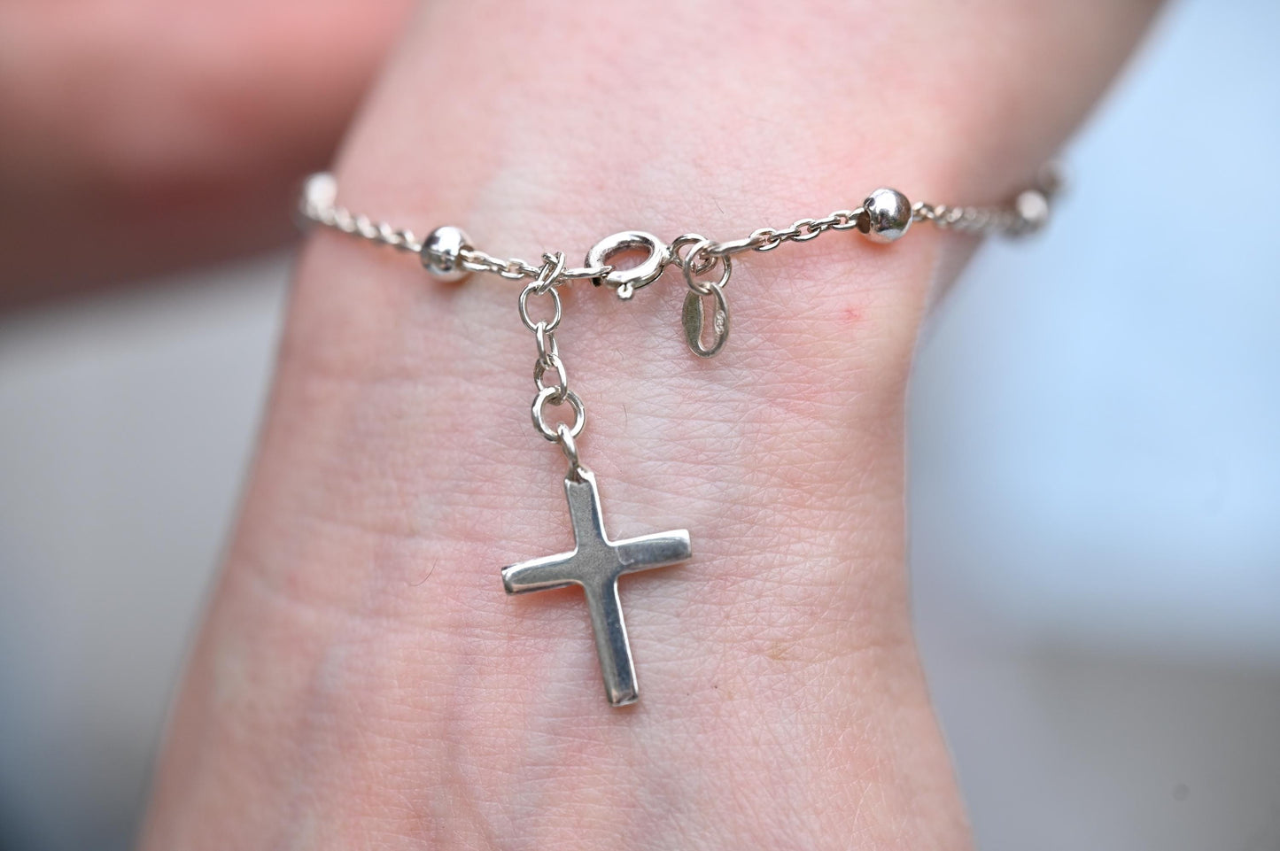 Real Silver Beaded Cross Charm Bracelet, Stunning Christian Jewellery Cross Dangle Charm, Pretty Christmas Gift Jewelry, Silver Cross Charm
