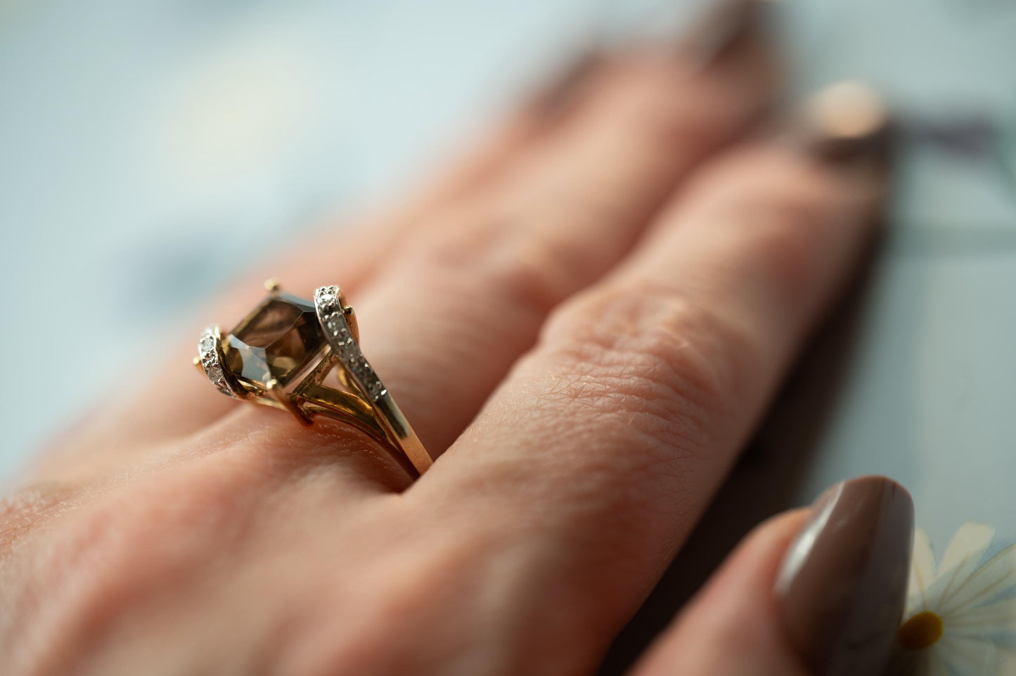 Vintage Smokey Quartz and Diamond Cocktail Ring 9ct Gold British Hallmarked, dress ring 9K unusual ring, English Jewelry Real Gold