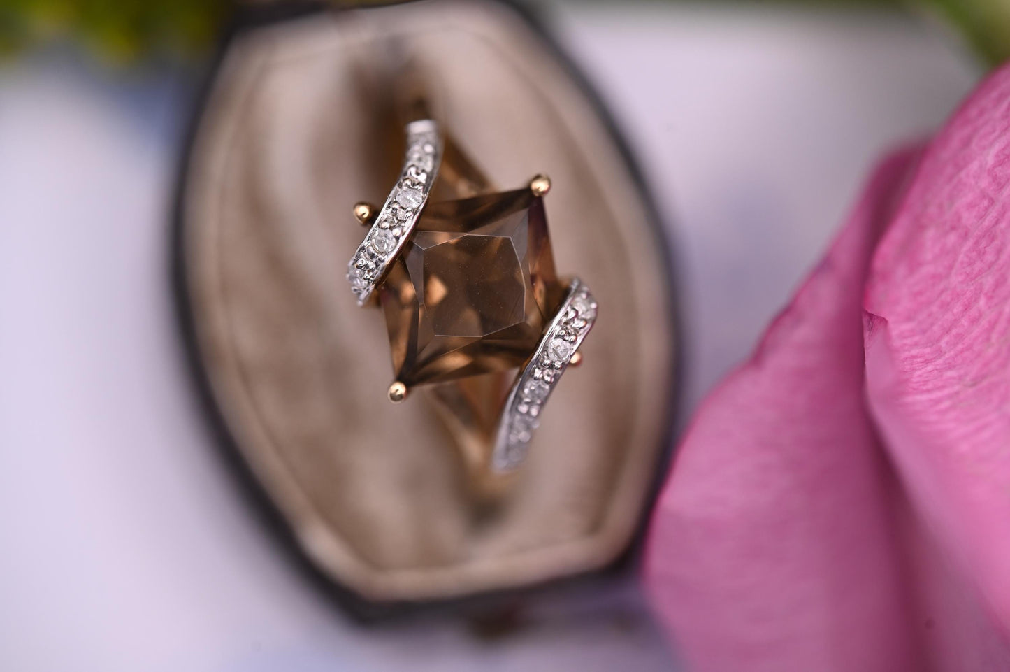 Vintage Smokey Quartz and Diamond Cocktail Ring 9ct Gold British Hallmarked, dress ring 9K unusual ring, English Jewelry Real Gold