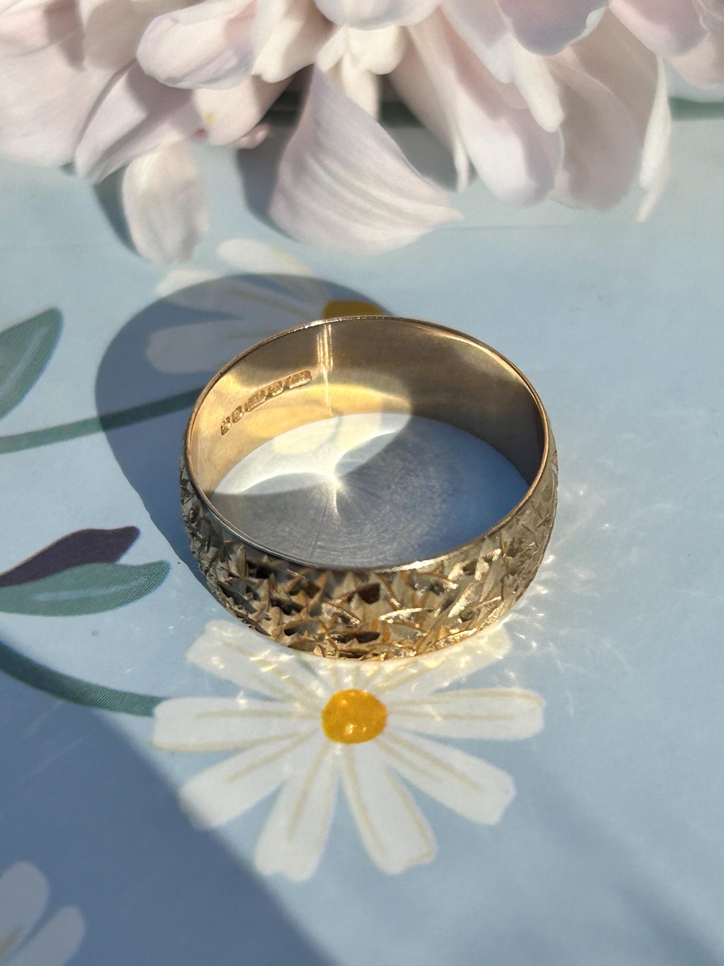 Vintage Diamond Cut 9ct Yellow Gold Wedding Band - UK Size O / US 7.5, Unusual design wide band, Eye-Catching Statement jewellery England.