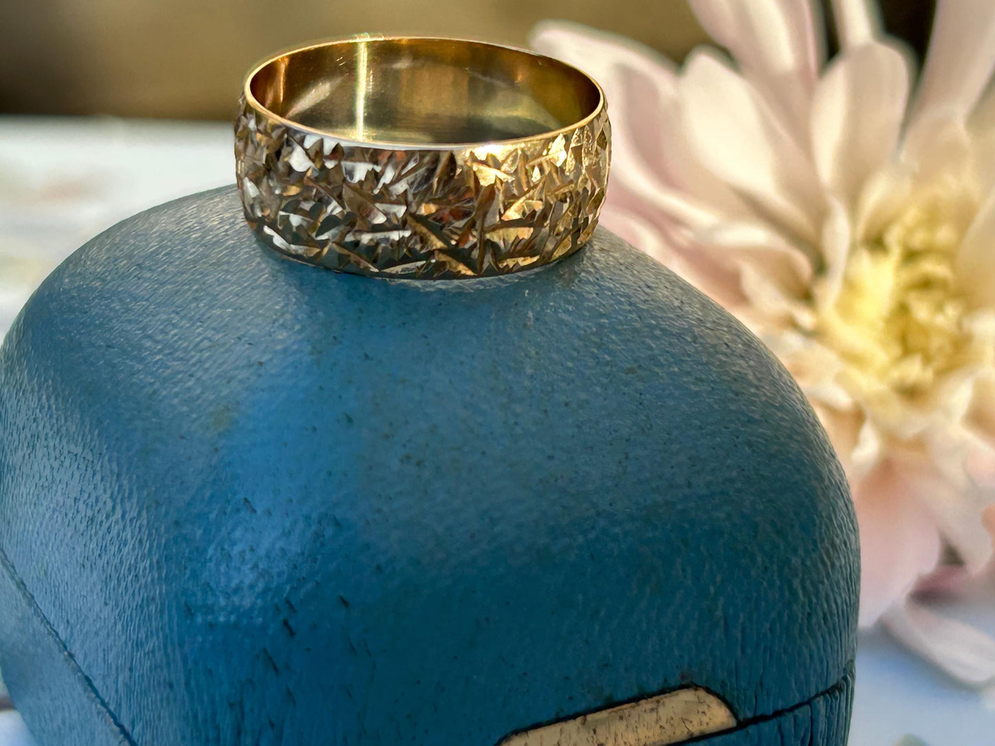 Vintage Diamond Cut 9ct Yellow Gold Wedding Band - UK Size O / US 7.5, Unusual design wide band, Eye-Catching Statement jewellery England.