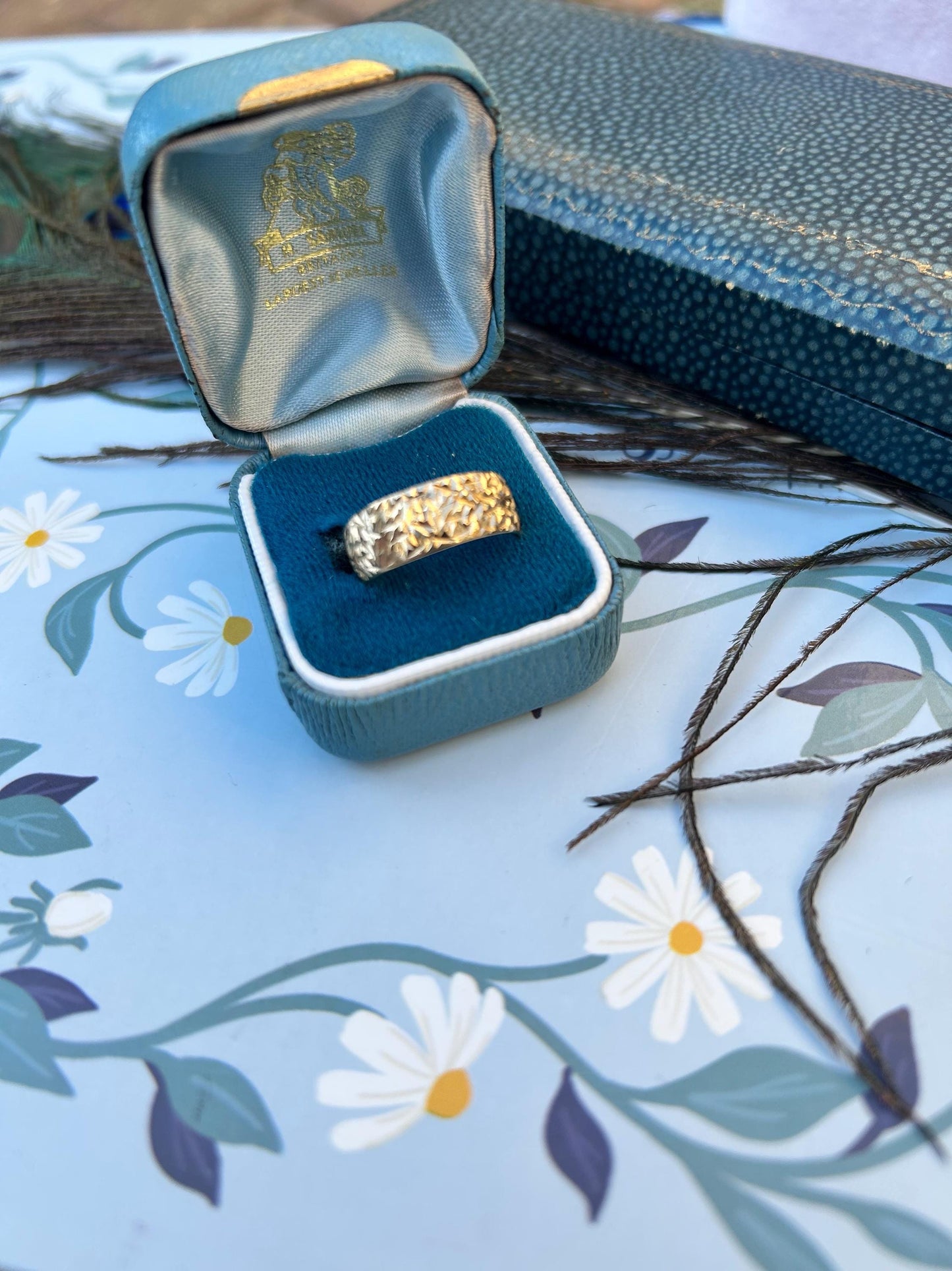 Vintage Diamond Cut 9ct Yellow Gold Wedding Band - UK Size O / US 7.5, Unusual design wide band, Eye-Catching Statement jewellery England.