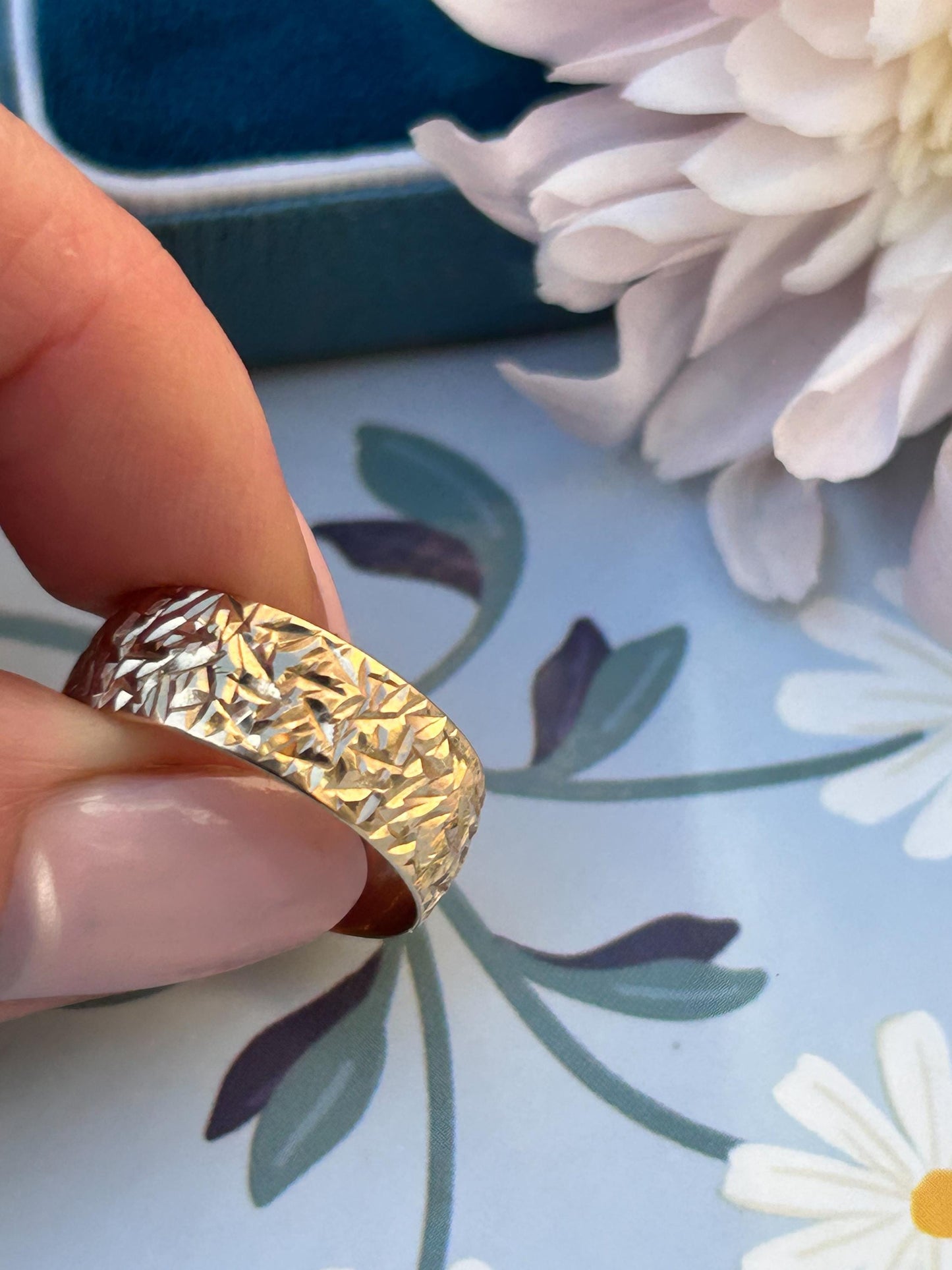 Vintage Diamond Cut 9ct Yellow Gold Wedding Band - UK Size O / US 7.5, Unusual design wide band, Eye-Catching Statement jewellery England.