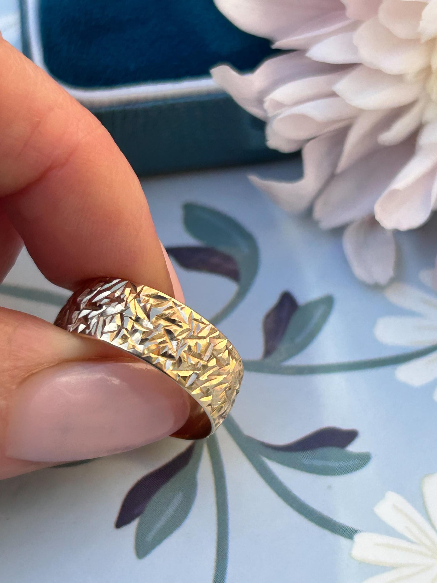 Vintage Diamond Cut 9ct Yellow Gold Wedding Band - UK Size O / US 7.5, Unusual design wide band, Eye-Catching Statement jewellery England.