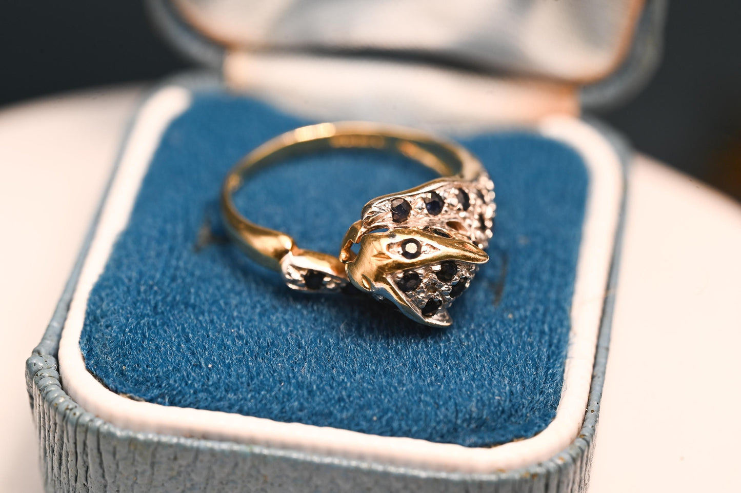 Vintage Panther Sapphire & Diamond Ring, 9ct White Yellow Gold Fancy Jewellery, Spotted Panther Unusual Ring, Statement Animal Jewelry 9K