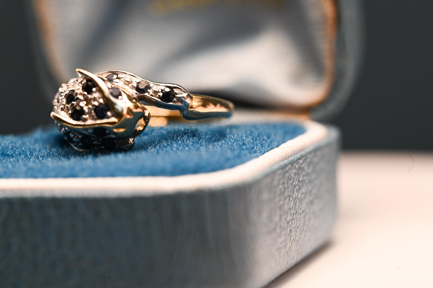 Vintage Panther Sapphire & Diamond Ring, 9ct White Yellow Gold Fancy Jewellery, Spotted Panther Unusual Ring, Statement Animal Jewelry 9K