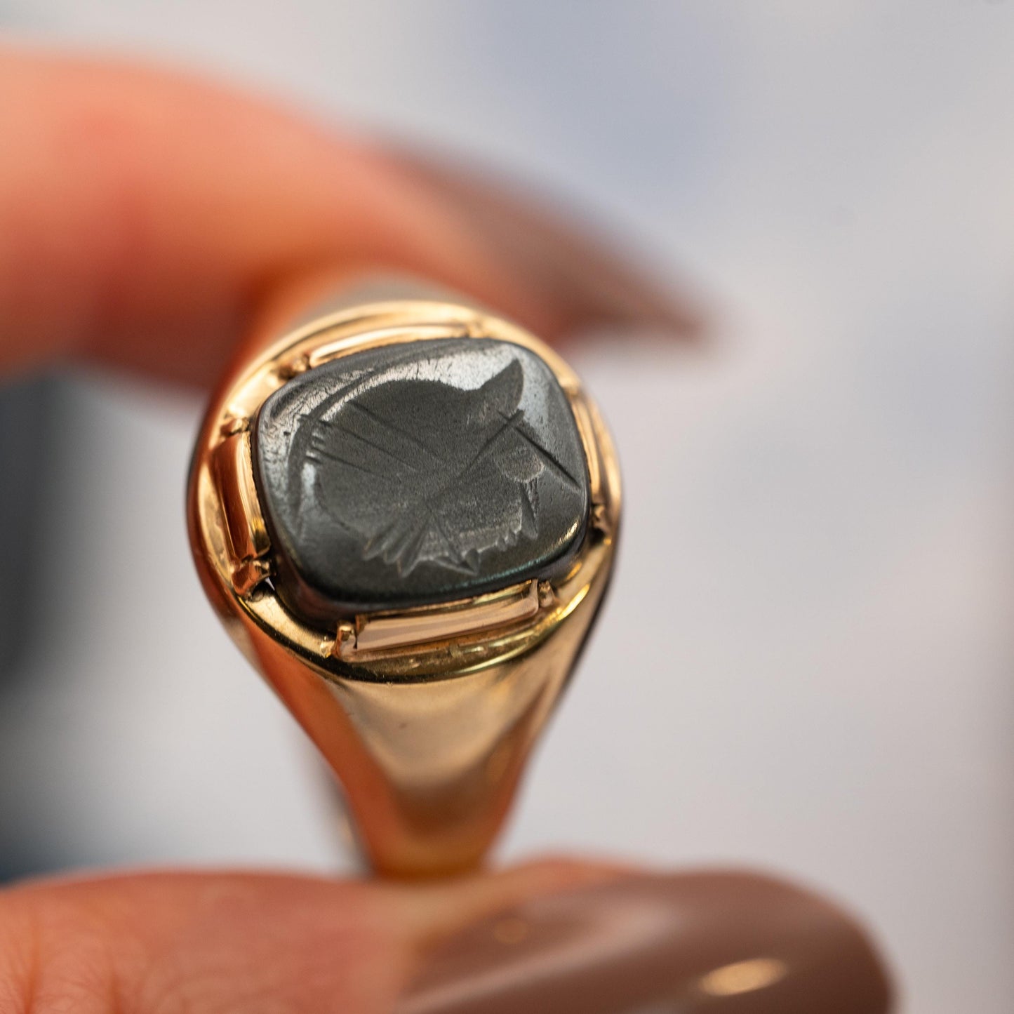 Vintage Mid-Century 1960s Ring, Mens Birmingham Rectangle Carved Hematite Signet Ring, Centurion Intaglio, Solid Gold Chunky Jewelry 9ct, 9K