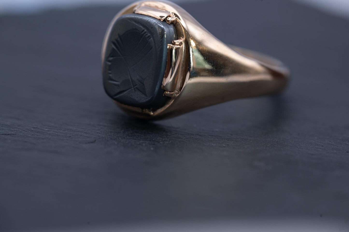 Vintage Mid-Century 1960s Ring, Mens Birmingham Rectangle Carved Hematite Signet Ring, Centurion Intaglio, Solid Gold Chunky Jewelry 9ct, 9K