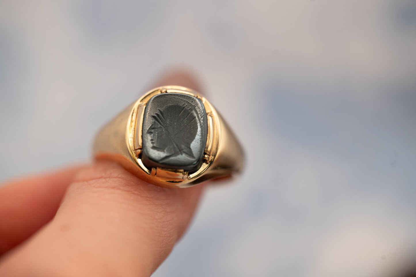 Vintage Mid-Century 1960s Ring, Mens Birmingham Rectangle Carved Hematite Signet Ring, Centurion Intaglio, Solid Gold Chunky Jewelry 9ct, 9K