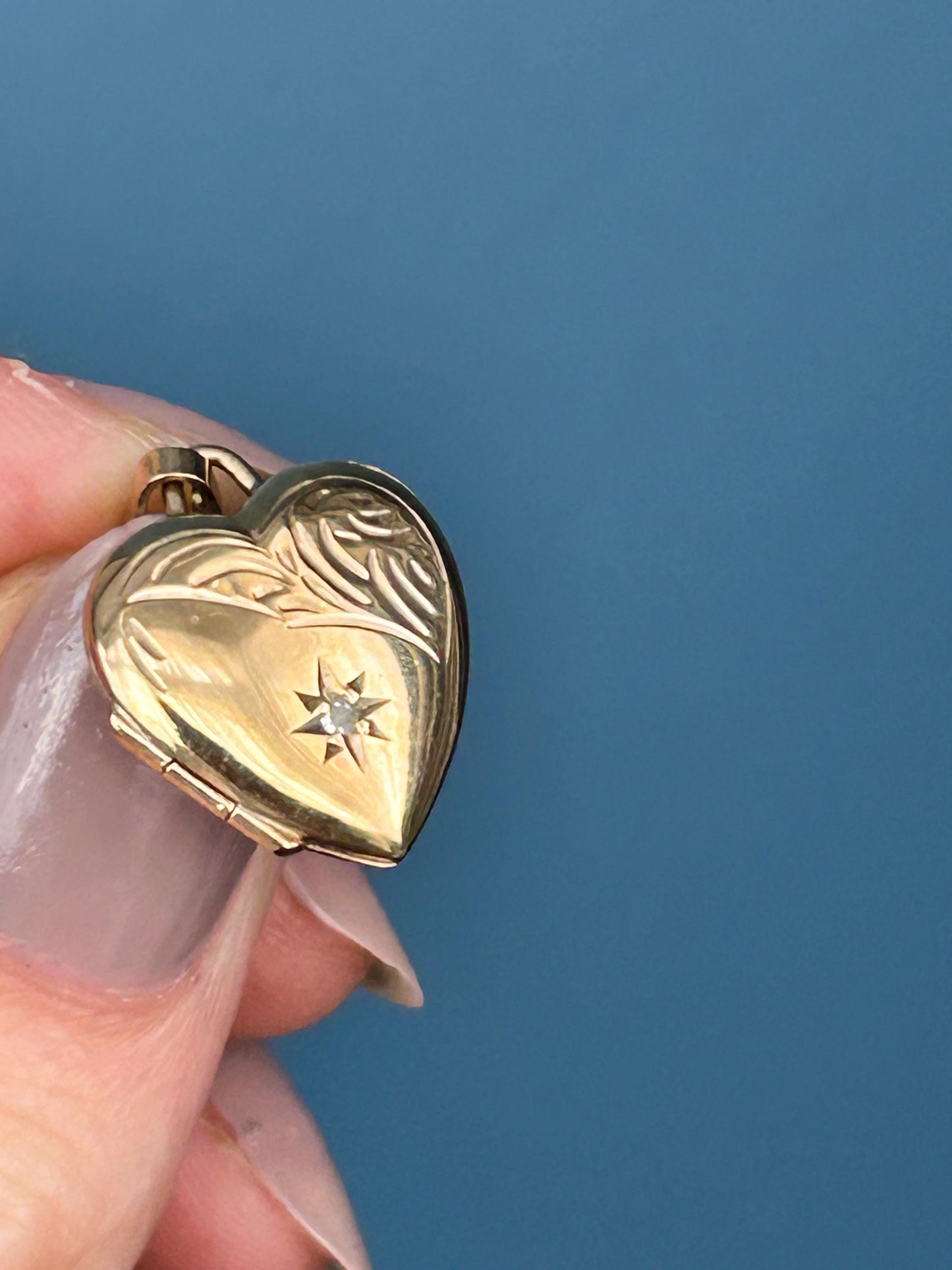 Vintage 9ct Yellow Gold Heart Locket with Diamond, Dainty Gold Photo Pendant, Real Diamond Keepsake Memory Jewelry, Unusual Heart Pendant