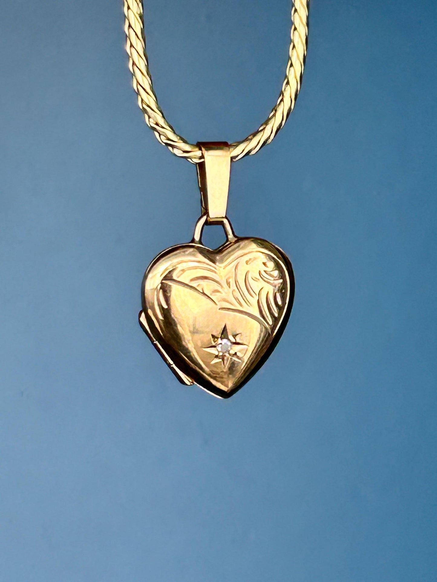 Vintage 9ct Yellow Gold Heart Locket with Diamond, Dainty Gold Photo Pendant, Real Diamond Keepsake Memory Jewelry, Unusual Heart Pendant
