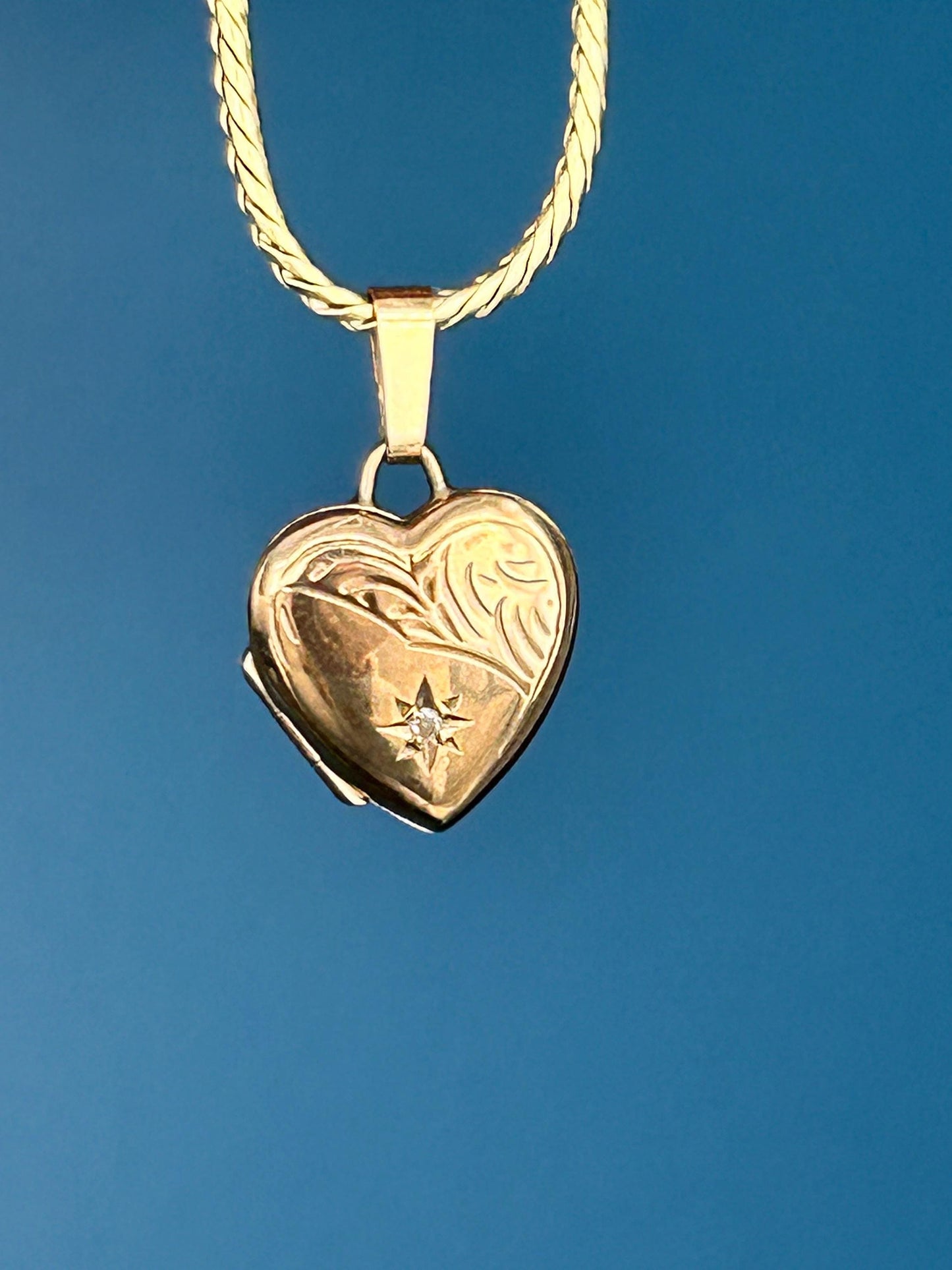 Vintage 9ct Yellow Gold Heart Locket with Diamond, Dainty Gold Photo Pendant, Real Diamond Keepsake Memory Jewelry, Unusual Heart Pendant